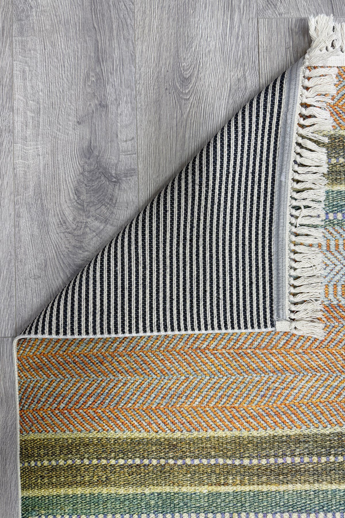 Cotton Serisi Multy Tonlarında Çizgili Eskitme Etnik Desenli Dekoratif Dokuma Taban Kilim 3043
