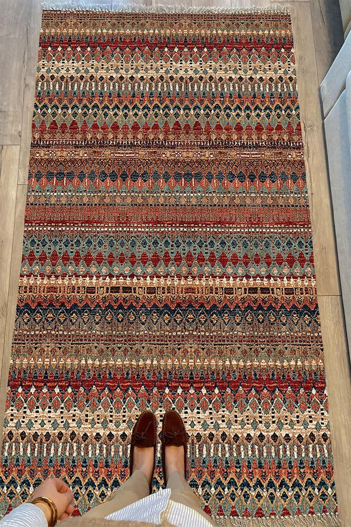 Cotton Serisi Multy Tonlarında Eskitme Antika Desenli Dekoratif Dokuma Taban Kilim