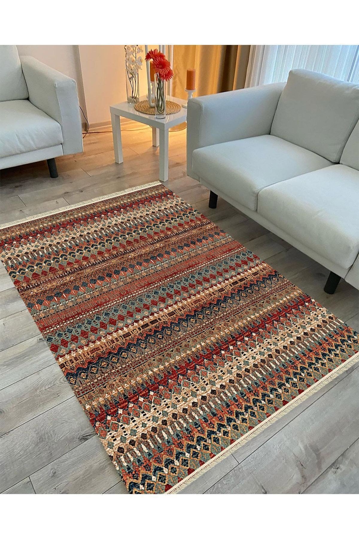Cotton Serisi Multy Tonlarında Eskitme Antika Desenli Dekoratif Dokuma Taban Kilim