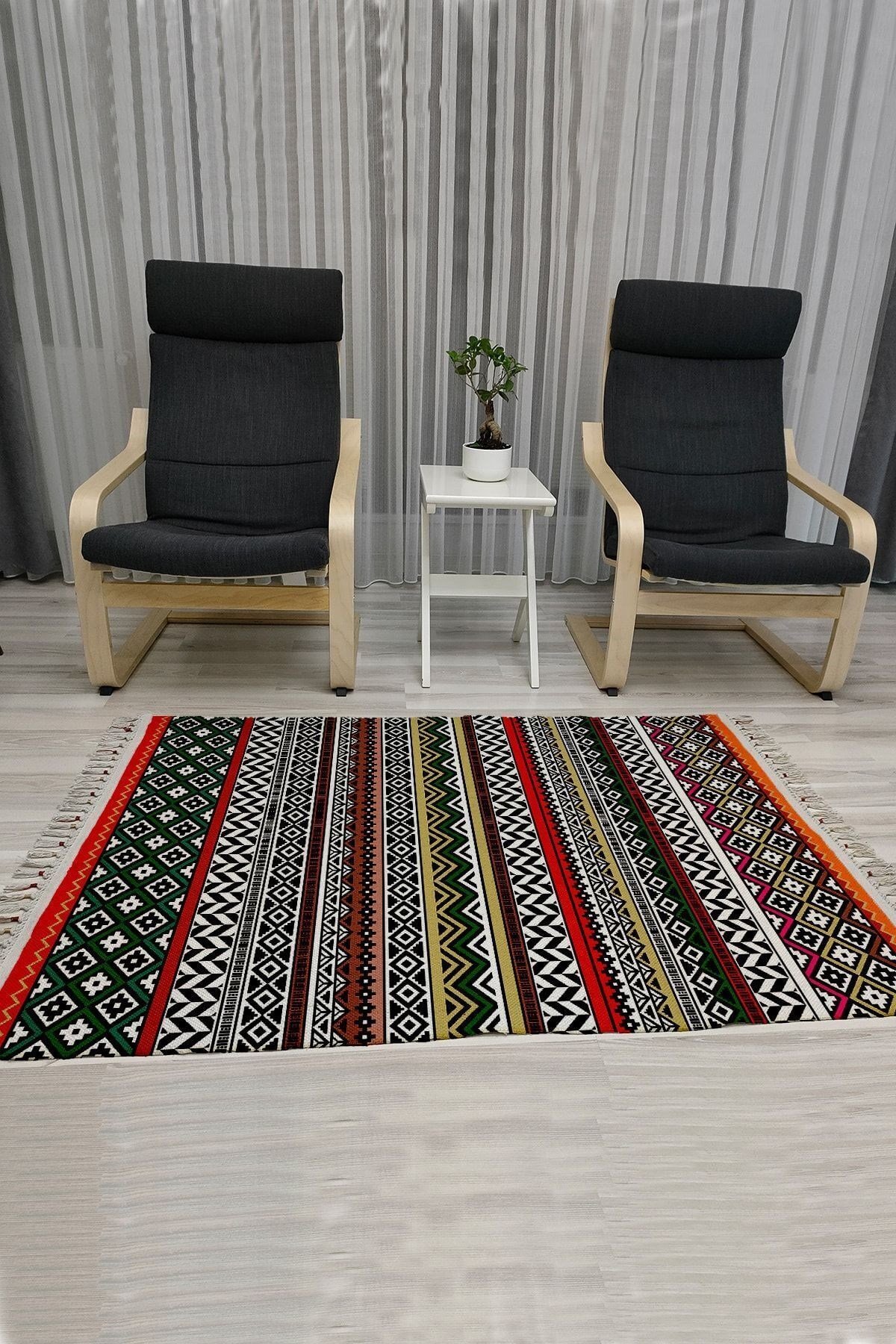 Cotton Serisi Multy Tonlarında Eskitme Etnik Geometrik Otantik Desenli Dekoratif Dokuma Taban Kilim