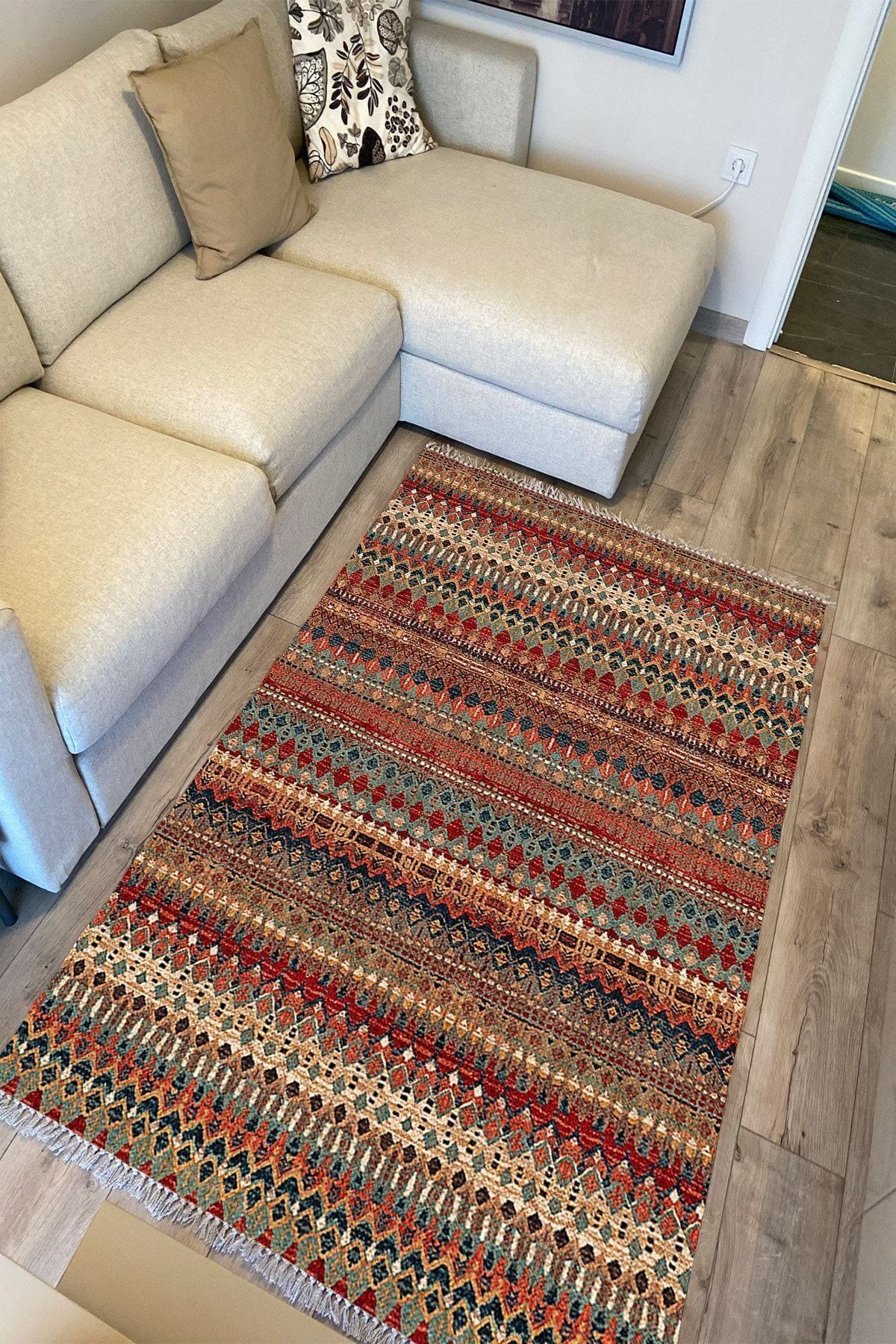 Cotton Serisi Multy Tonlarında Eskitme Antika Desenli Dekoratif Dokuma Taban Kilim