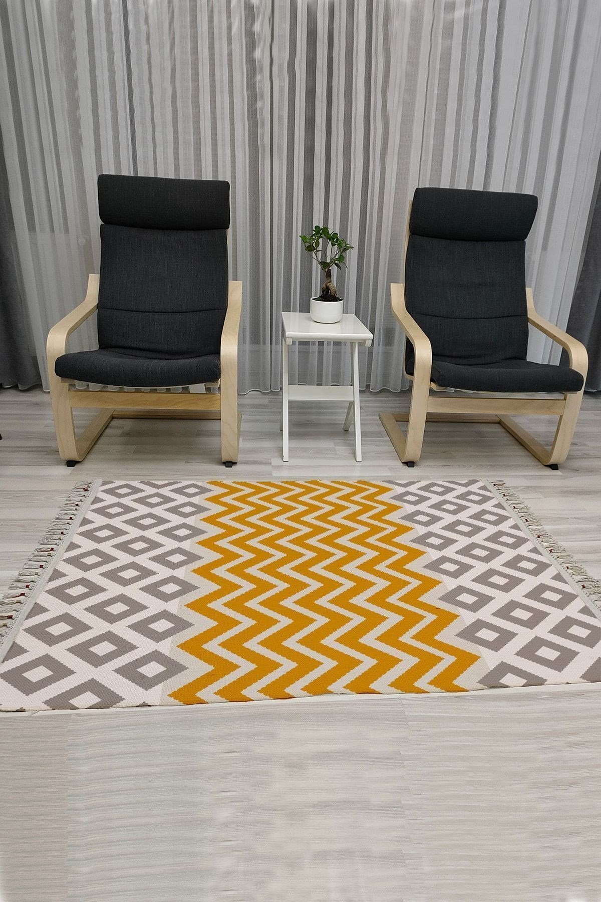 Cotton Serisi Sarı Zikzak Ve Gri Baklava Geometrik Desenli Dekoratif Dokuma Taban Kilim