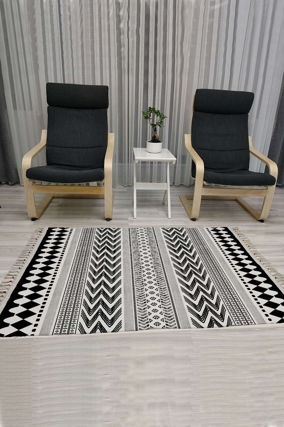 Cotton Serisi Siyah Beyaz Iskandinav Eskitme Desenli Dekoratif Dokuma Taban Kilim