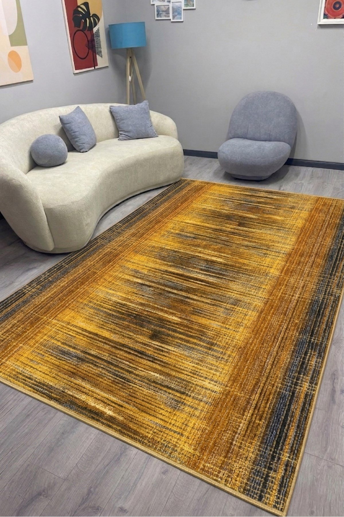 Estetik Çizgili Modern Salon Pamuk Taban Halısı - Sarı/Antrasit Mars524