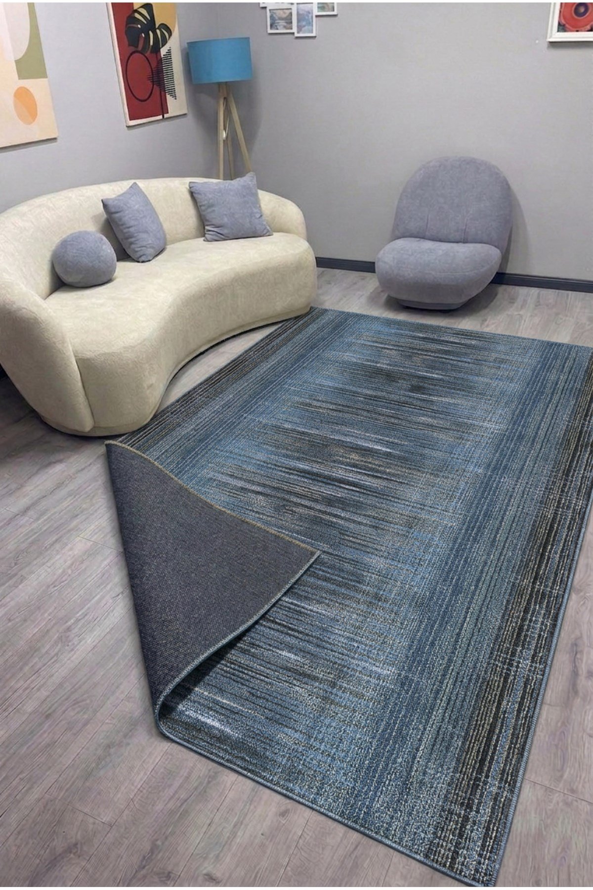 Estetik Çizgili Modern Salon Pamuk Taban Halısı - Mavi/Antrasit Mars525