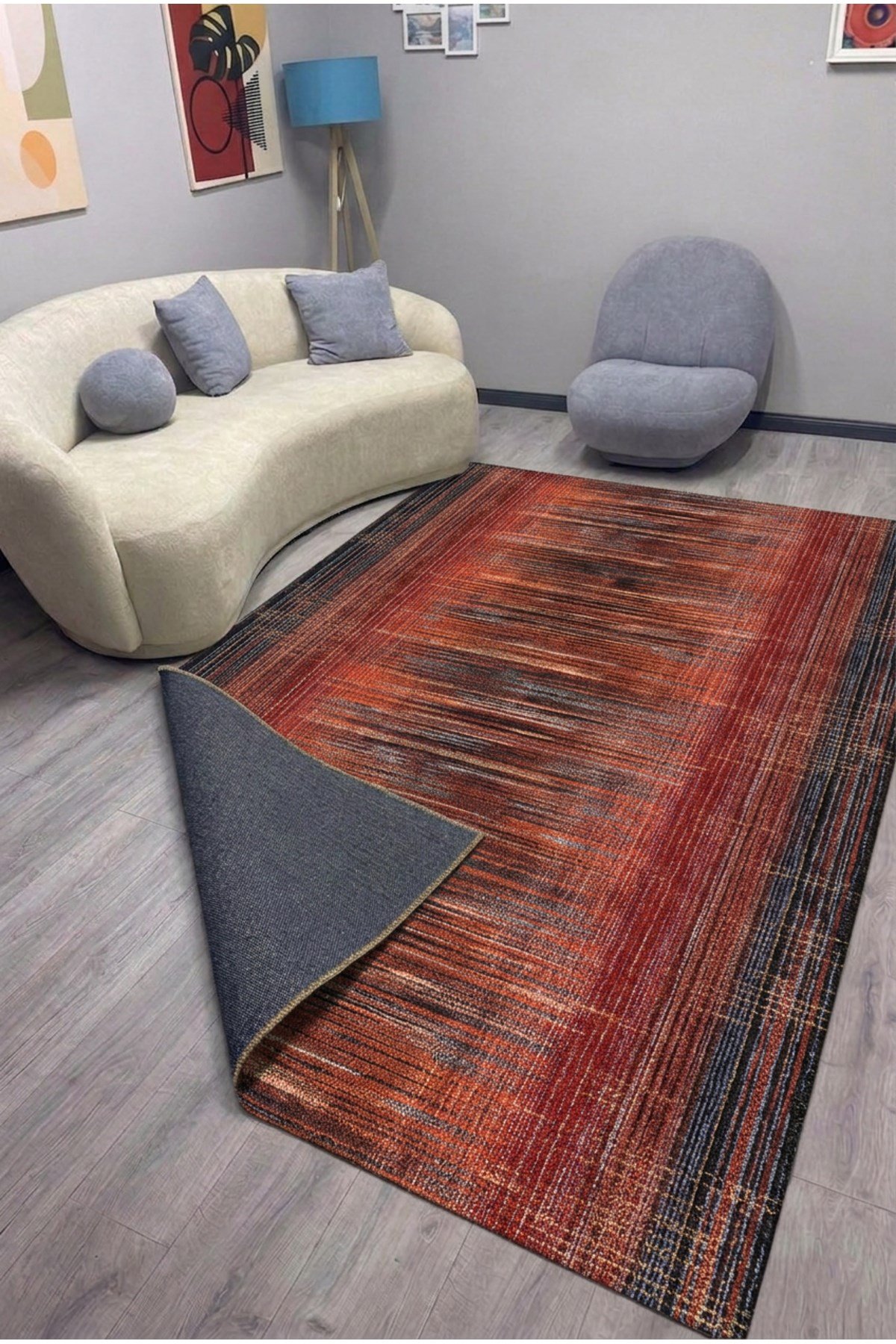 Estetik Çizgili Modern Salon Pamuk Taban Halısı - Kiremit/Antrasit Mars523