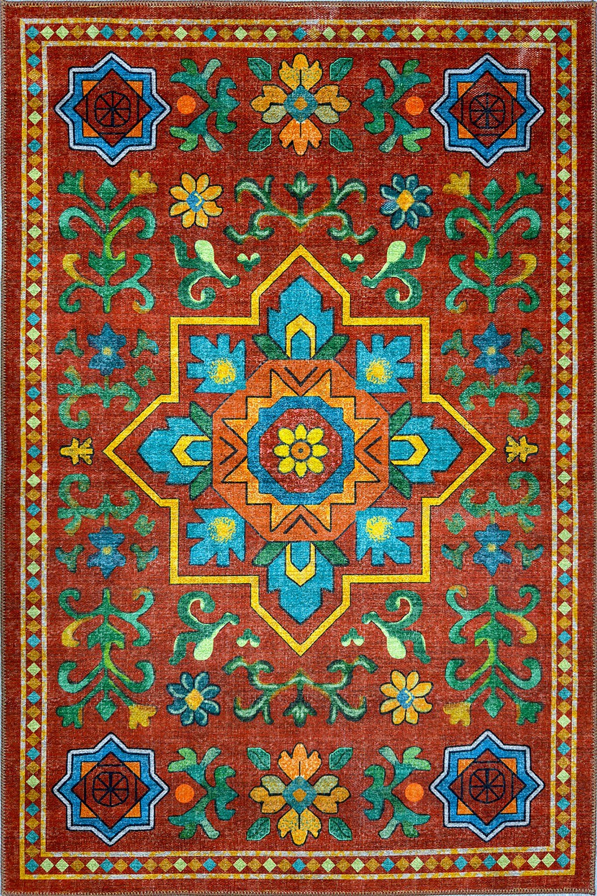 Etnik Desenli Kiremit Dekoratif Salon Halısı Modern Klasik Pamuk Taban Halı 2325