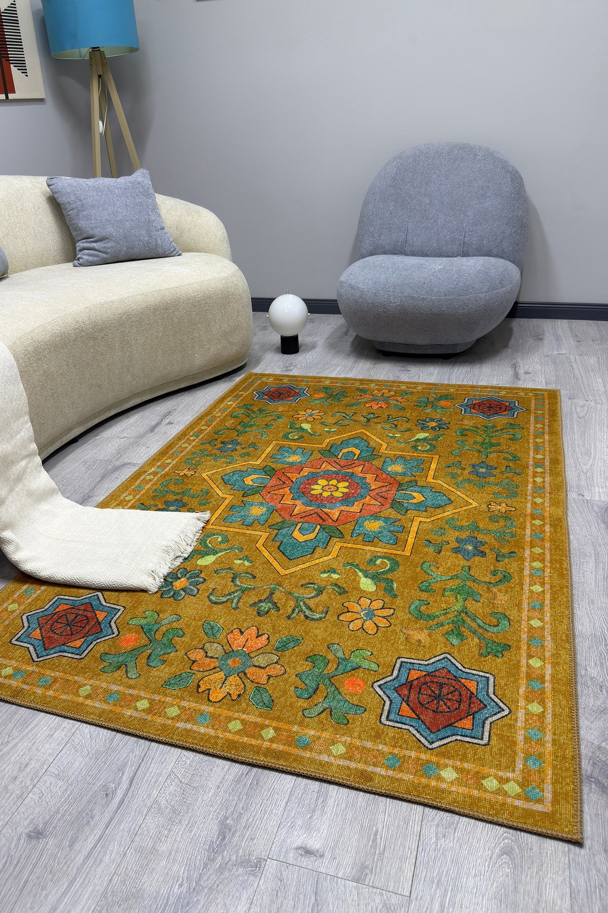 Etnik Desenli Sarı Dekoratif Salon Halısı Modern Klasik Pamuk Taban Halı 2324