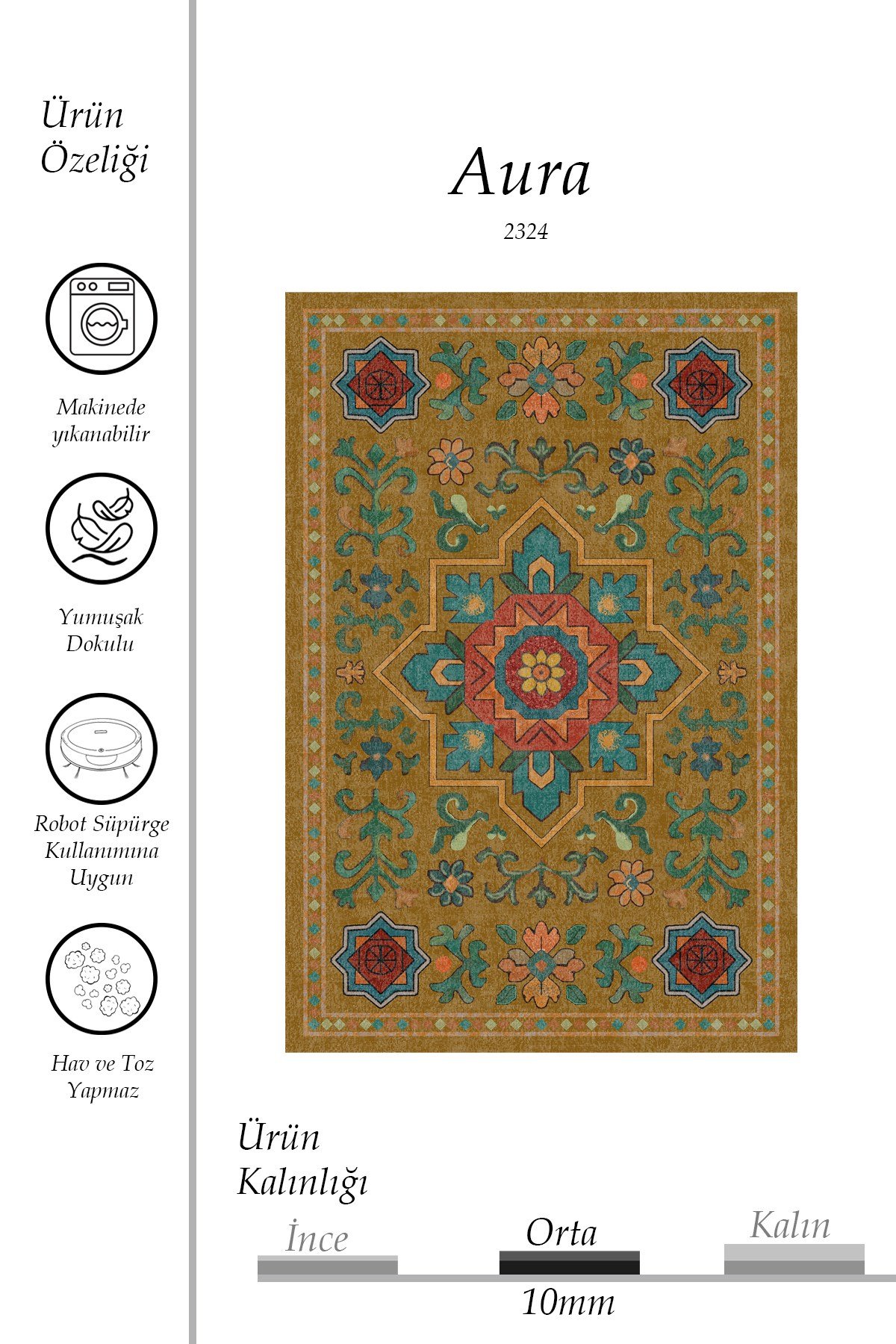 Etnik Desenli Sarı Dekoratif Salon Halısı Modern Klasik Pamuk Taban Halı 2324