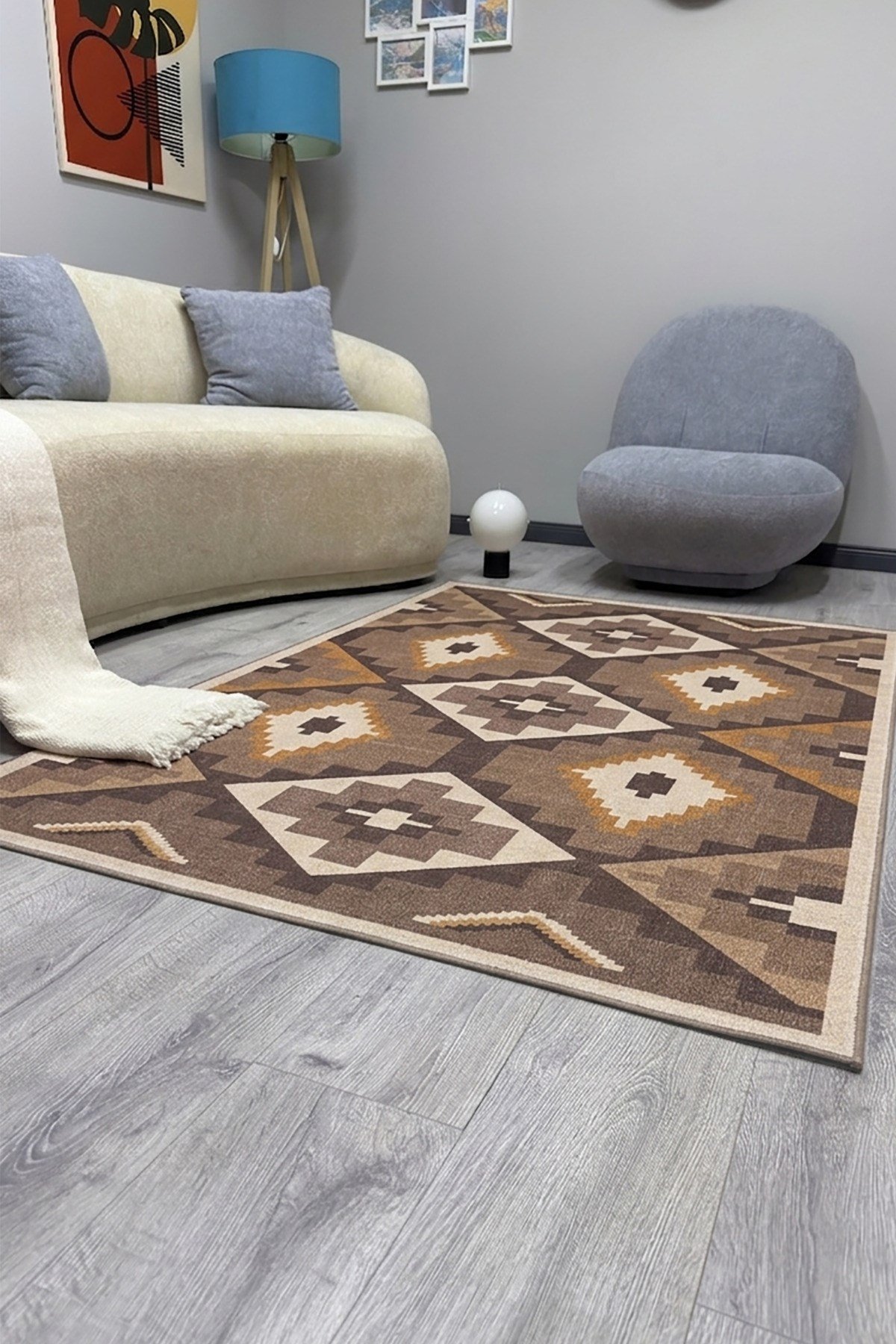 Etnik Kilim Görünümlü Dekoratif Halı Salon, Antre ve Oturma Odası İçin Modern Pamuk Taban Halı 2329