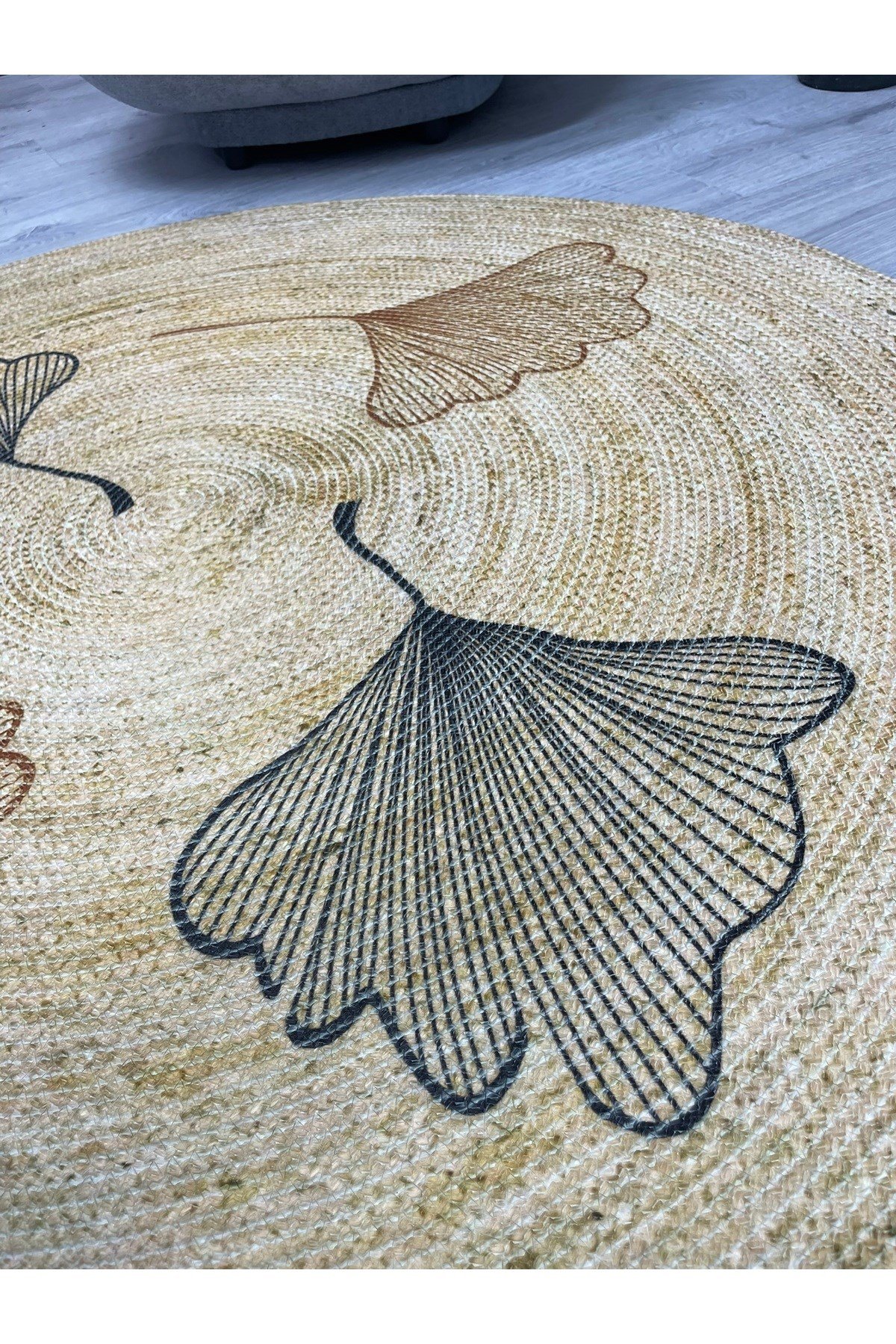 Floral Desenli Örgü Yuvarlak Natural Çift Taraflı Halı Boho 907