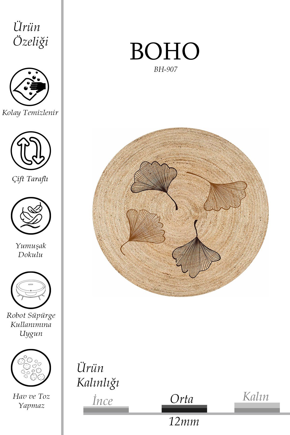 Floral Desenli Örgü Yuvarlak Natural Çift Taraflı Halı Boho 907