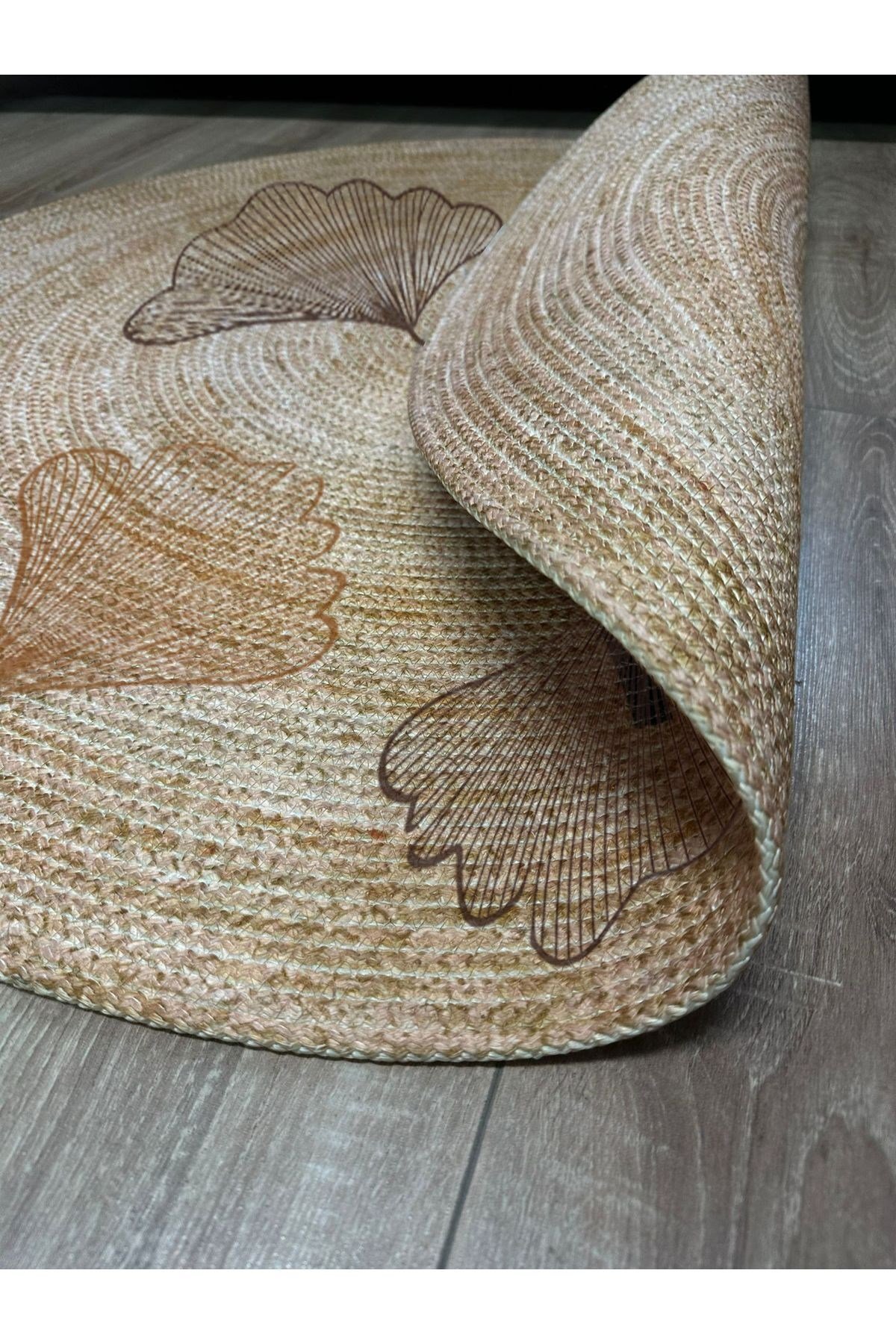 Floral Desenli Örgü Yuvarlak Natural Çift Taraflı Halı Boho 907