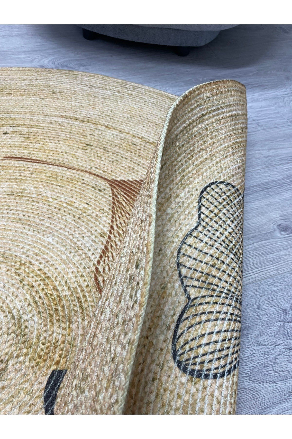 Floral Desenli Örgü Yuvarlak Natural Çift Taraflı Halı Boho 907