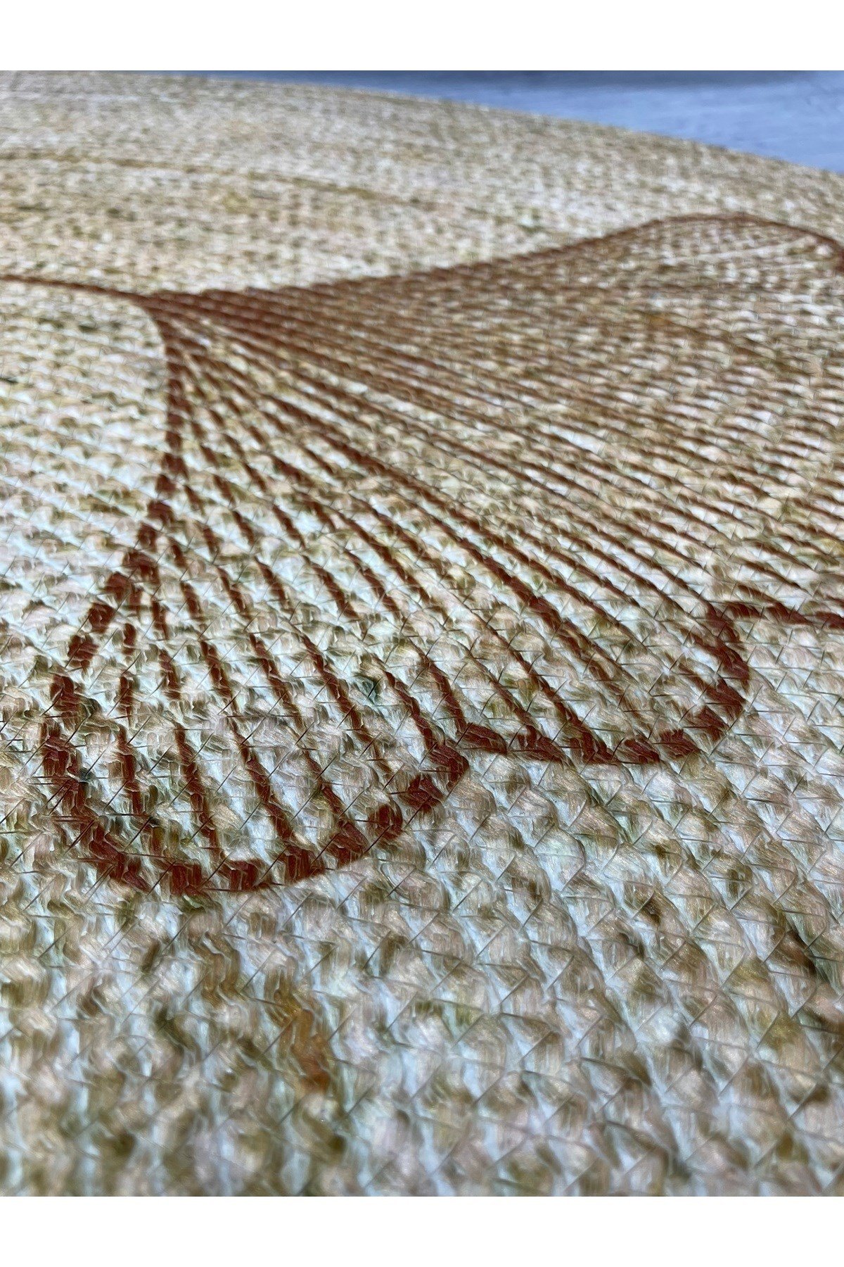 Floral Desenli Örgü Yuvarlak Natural Çift Taraflı Halı Boho 907