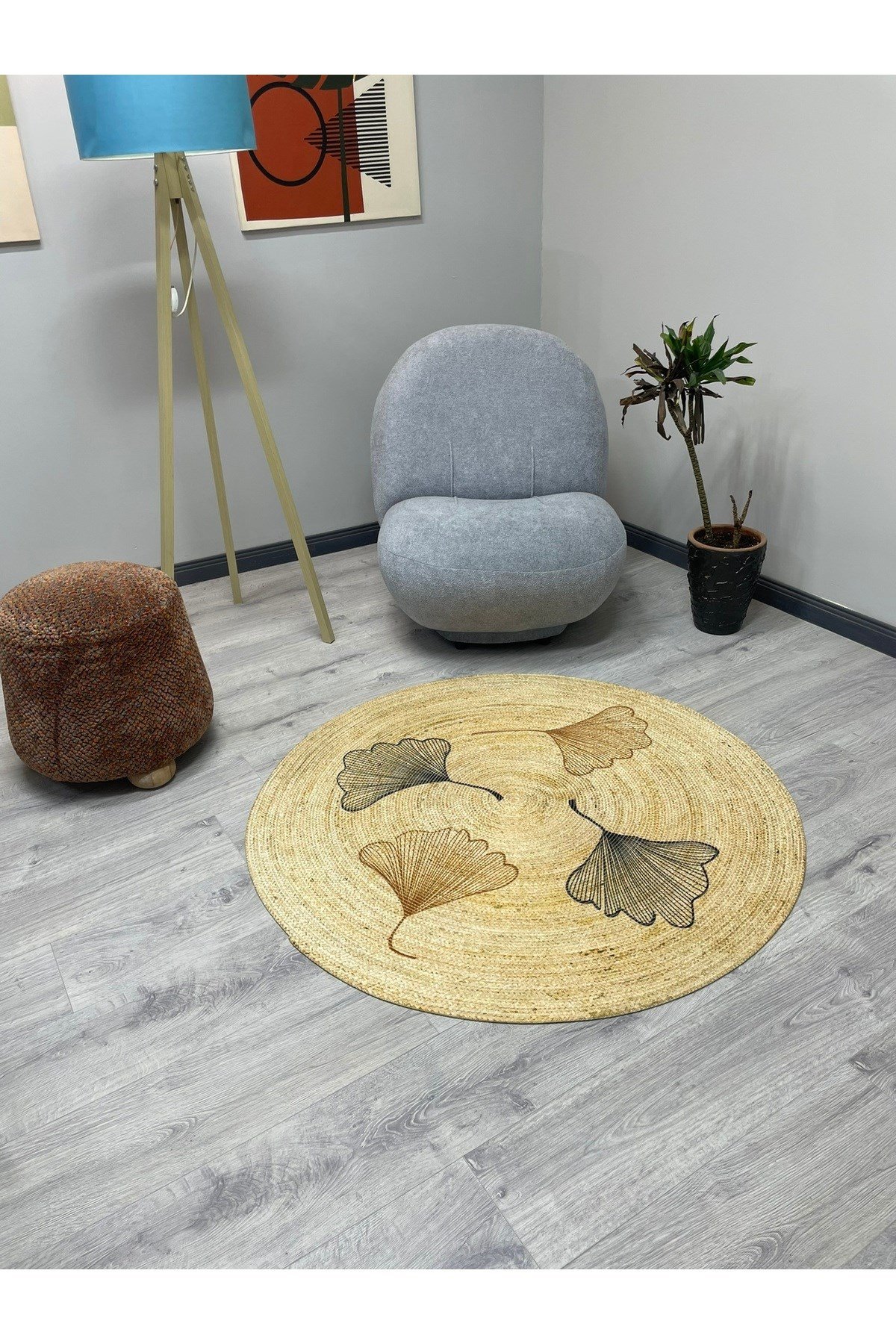 Floral Desenli Örgü Yuvarlak Natural Çift Taraflı Halı Boho 907