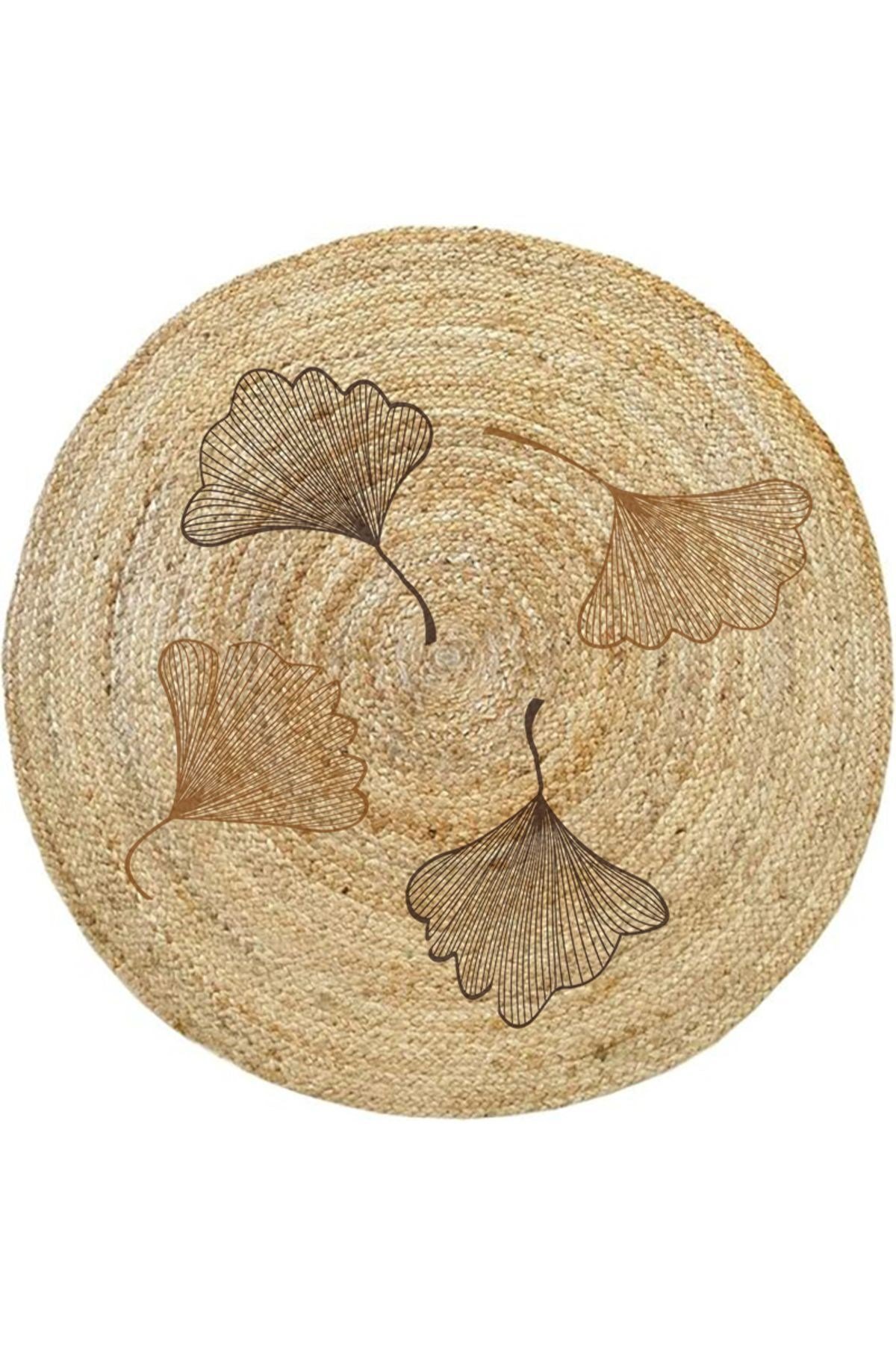 Floral Desenli Örgü Yuvarlak Natural Çift Taraflı Halı Boho 907