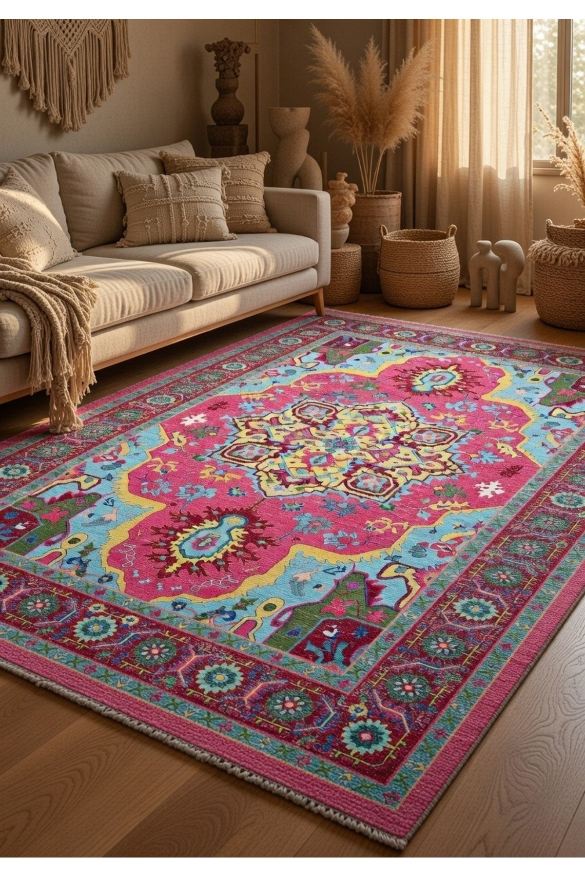 Fuşya Turkuaz Bohem Vintage Desenli Salon Halısı – Eskitme Görünümlü Etnik Halı 2284