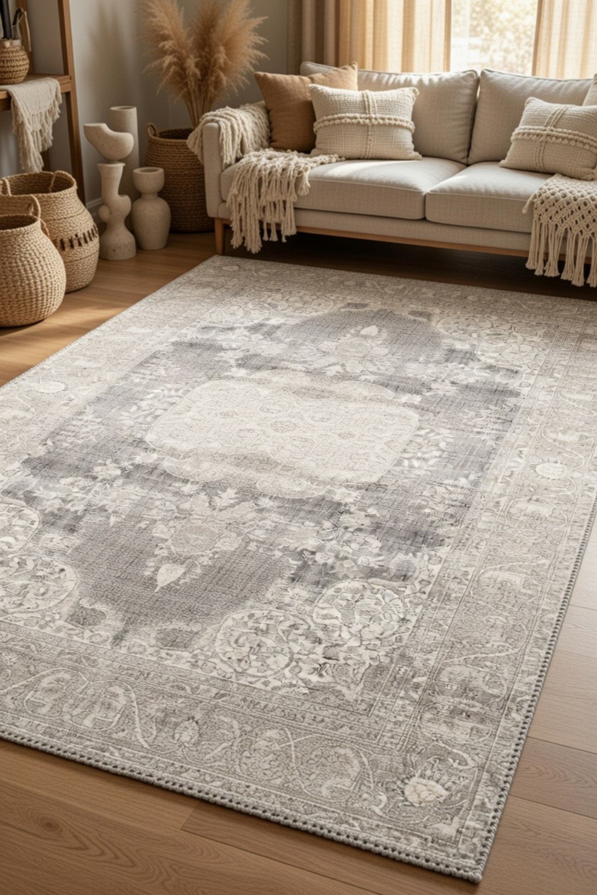 Gri Bej Vintage Eskitme Desenli Klasik Salon Halısı– Soft Tonlu Madalyonlu Dekoratif Halı 2126