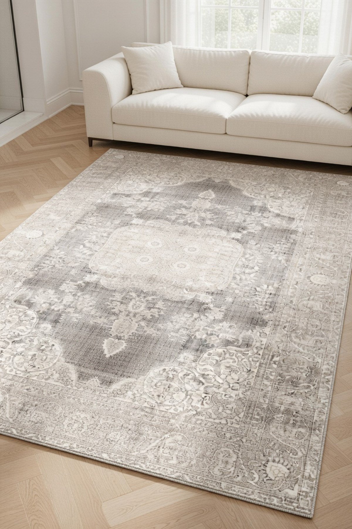 Gri Bej Vintage Eskitme Desenli Klasik Salon Halısı– Soft Tonlu Madalyonlu Dekoratif Halı 2126