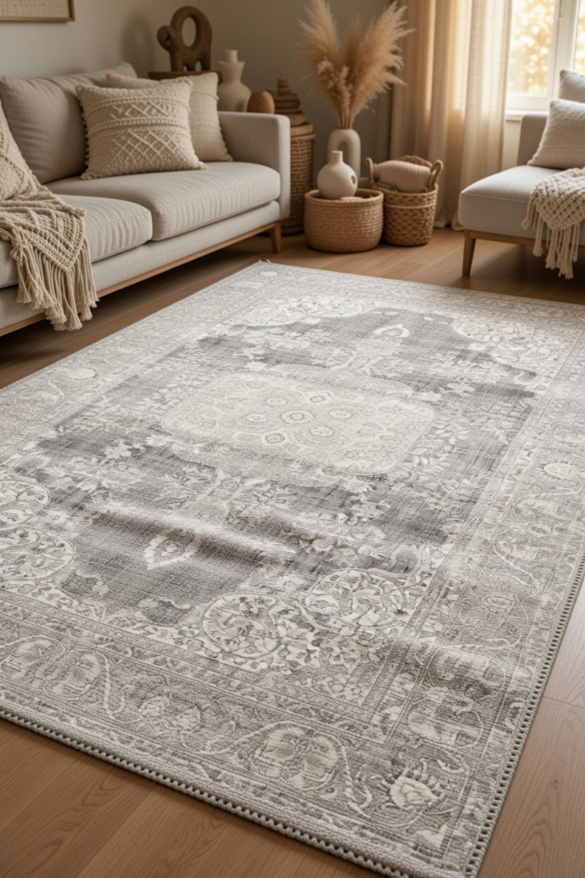 Gri Bej Vintage Eskitme Desenli Klasik Salon Halısı– Soft Tonlu Madalyonlu Dekoratif Halı 2126