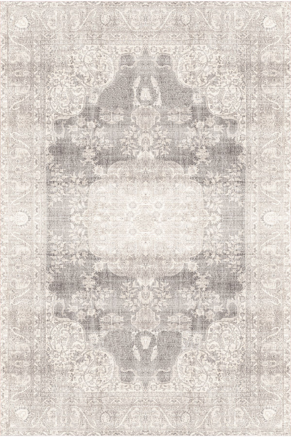 Gri Bej Vintage Eskitme Desenli Klasik Salon Halısı– Soft Tonlu Madalyonlu Dekoratif Halı 2126
