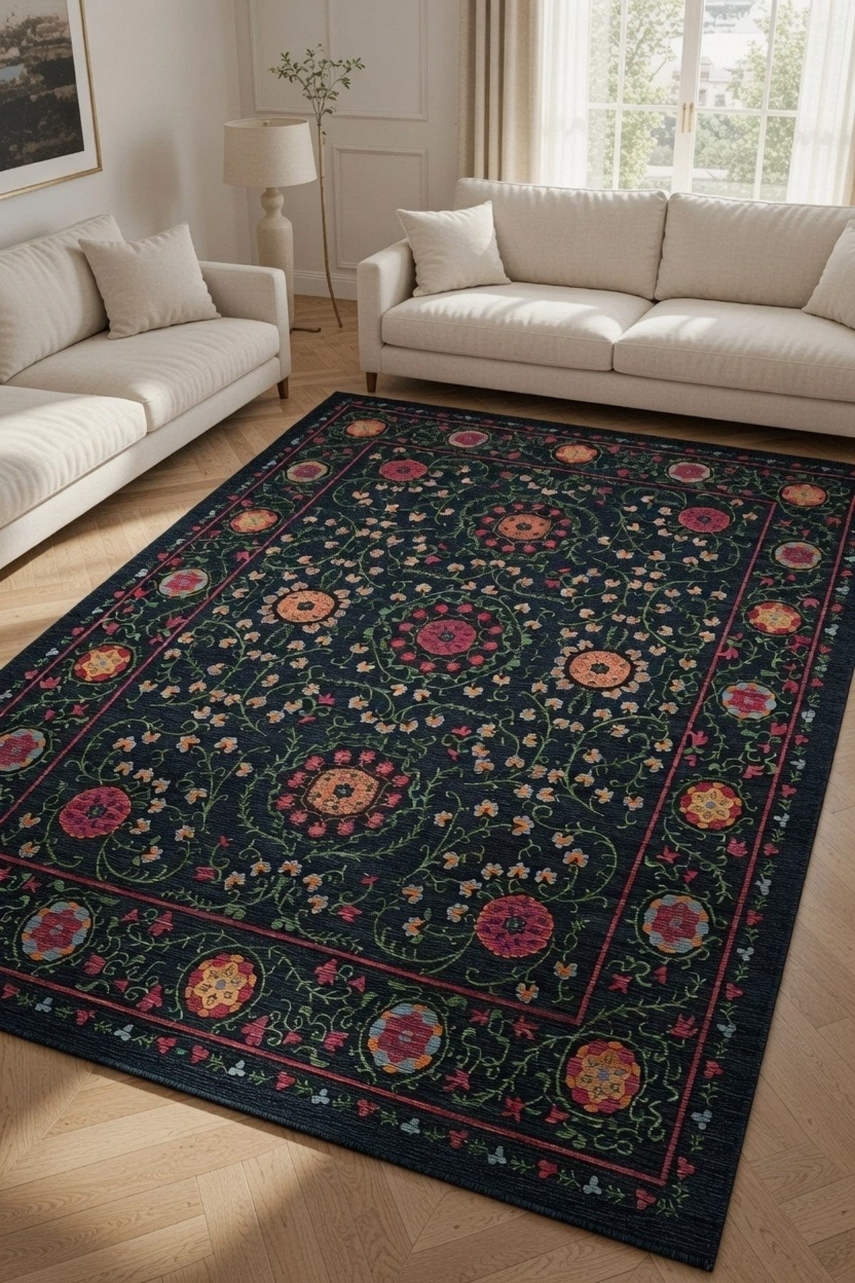 Kaymaz Tabanlı Klasik Siyah Halı - Lüks Çiçekli Pers Desen 2287