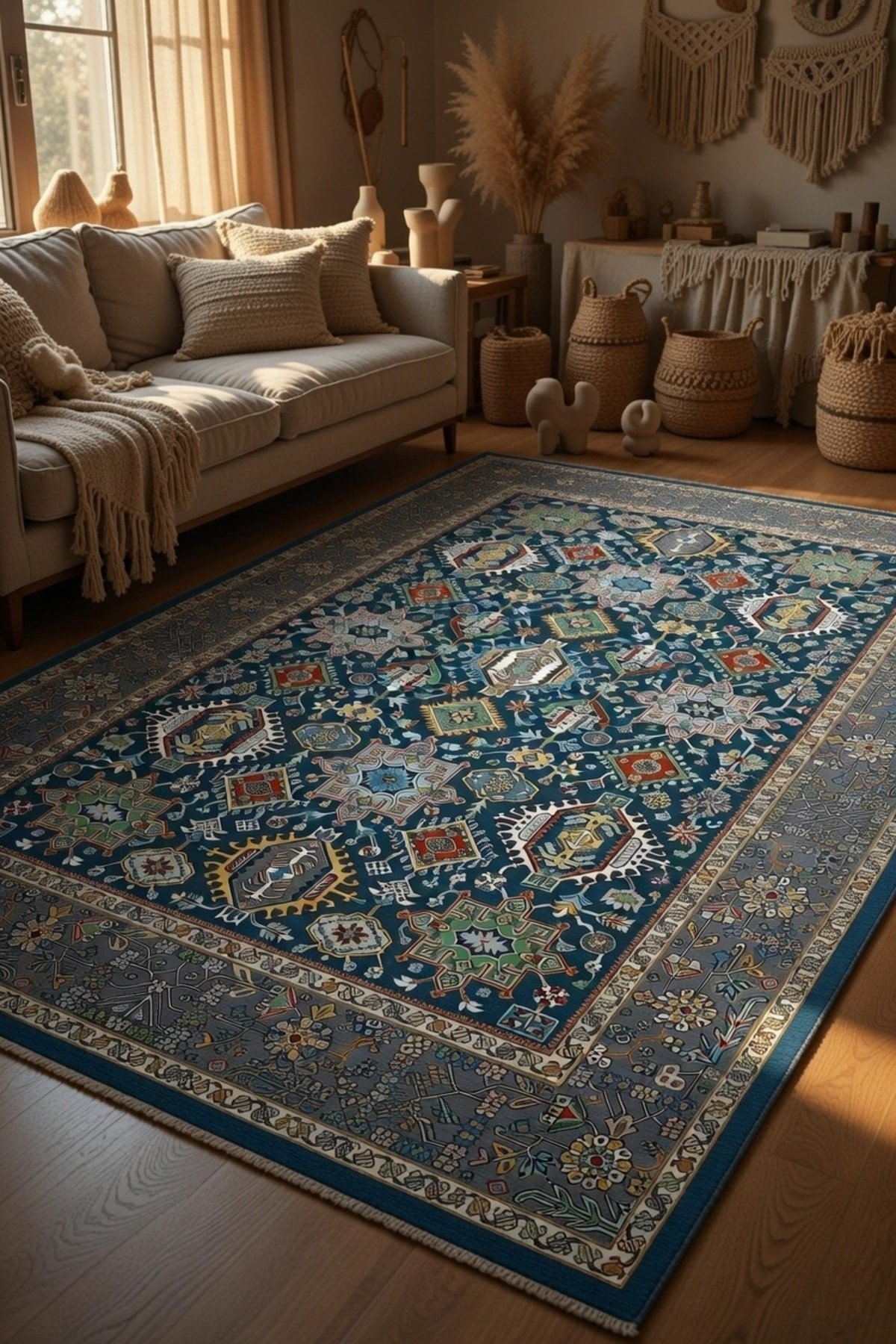 Kaymaz Tabanlı Lacivert Halı - Lüks Çok Renkli Geometrik Pers Desen 2293