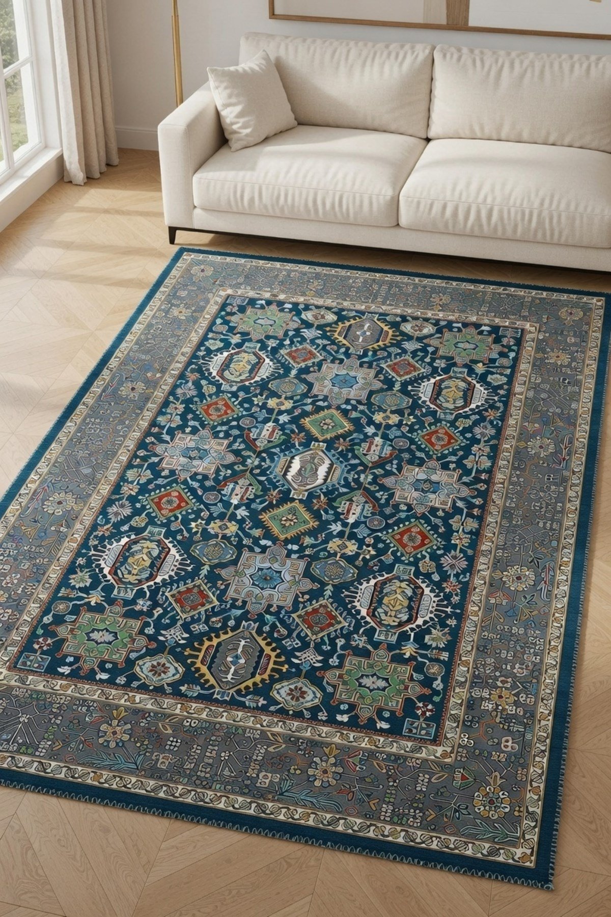 Kaymaz Tabanlı Lacivert Halı - Lüks Çok Renkli Geometrik Pers Desen 2293