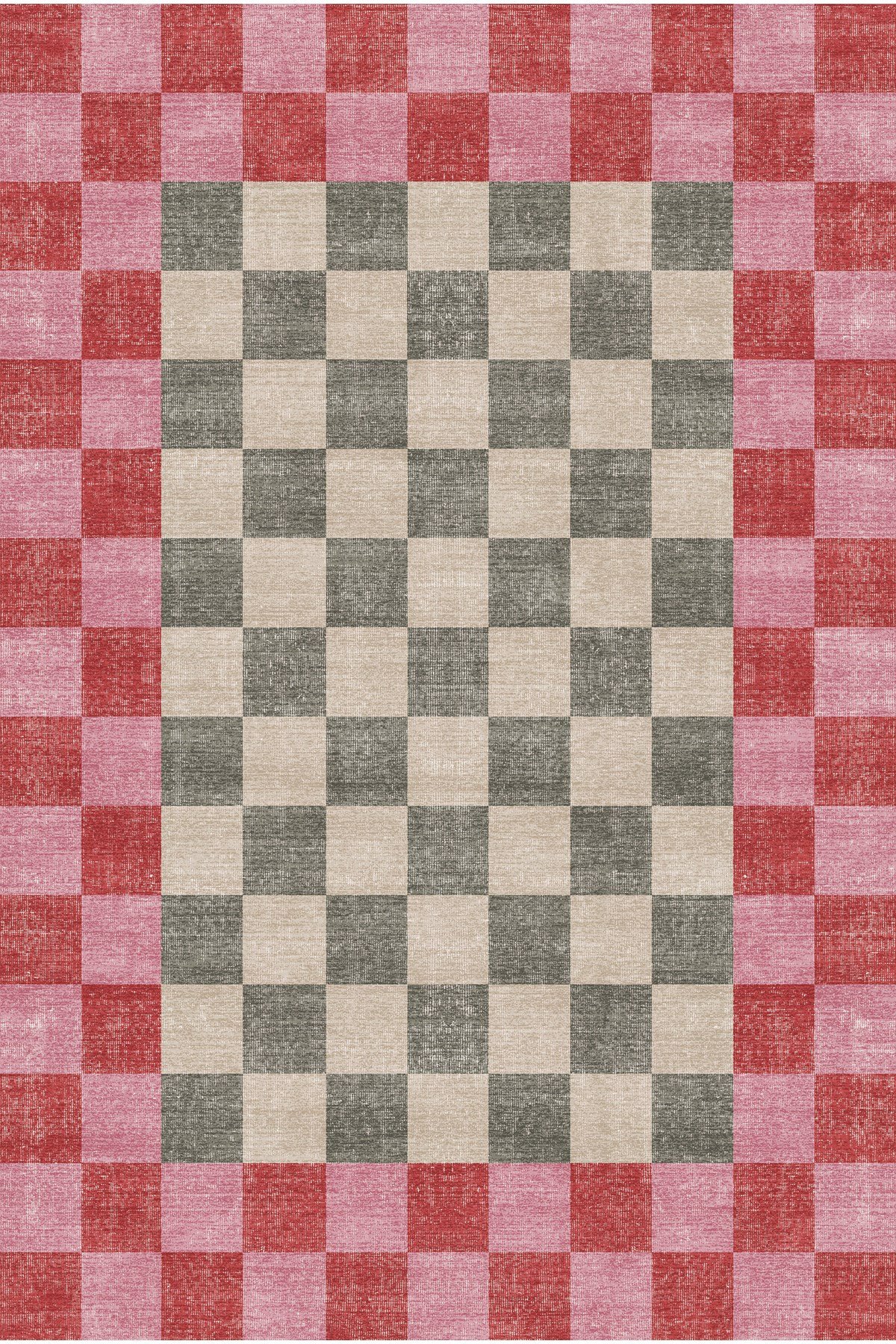 Kaymaz Tabanlı Modern Ekose Halı - Pembe Turuncu Yeşil Kareli 2296