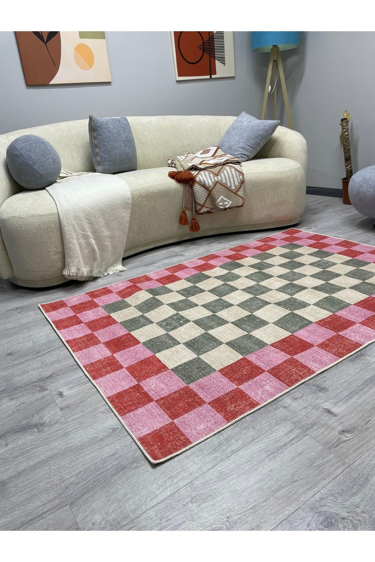 Kaymaz Tabanlı Modern Ekose Halı - Pembe Turuncu Yeşil Kareli 2296