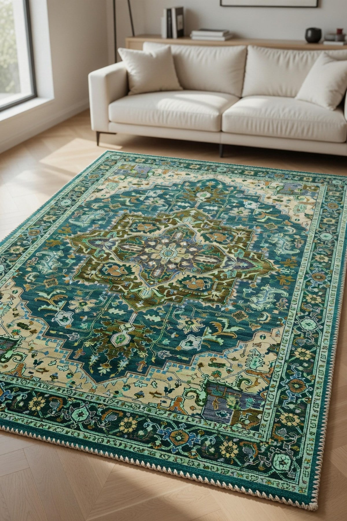 Klasik Madalyon Desenli Kaymaz Taban Halı – Turkuaz Salon Halısı