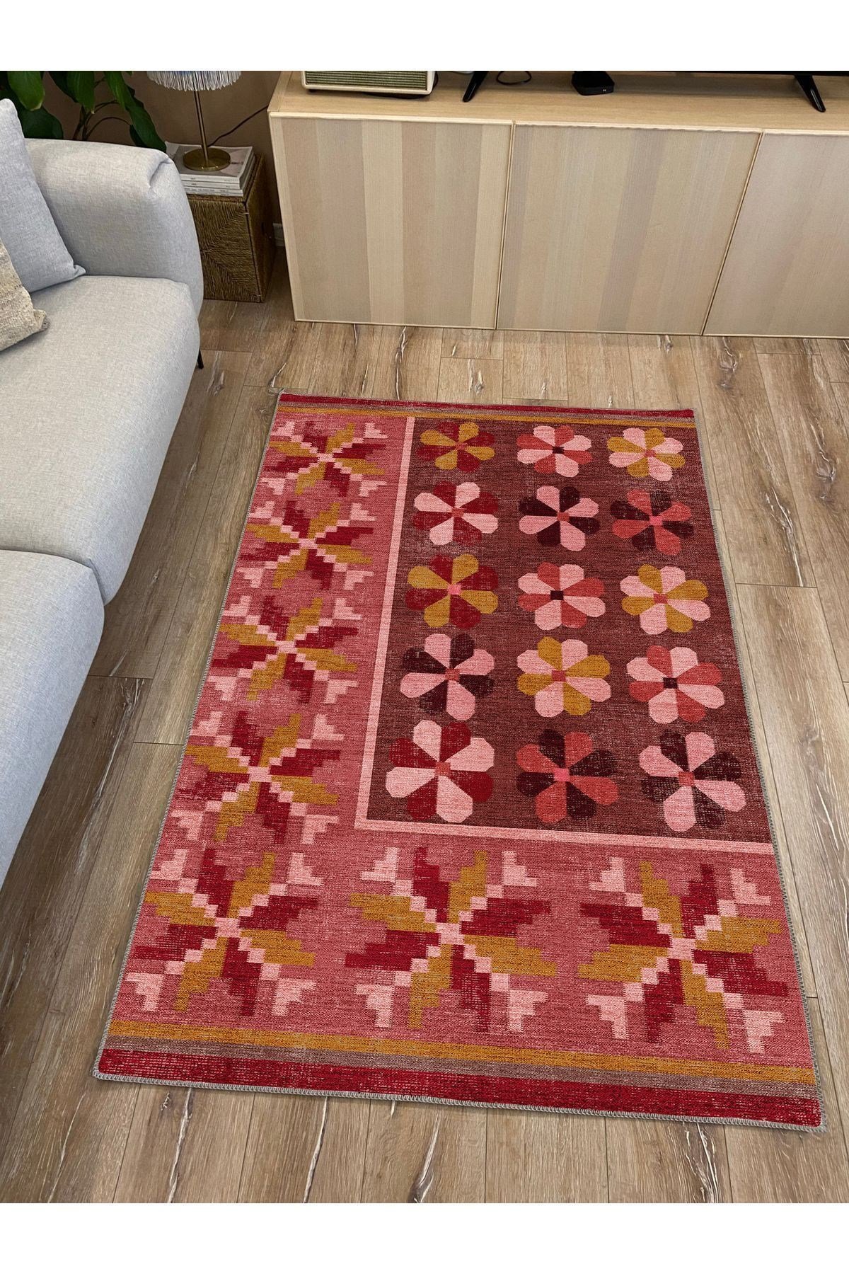 Mars 108 Pastel Gül Kurusu Pembe Çiçekli Floral Dokuma Taban Salon Mutfak Halısı