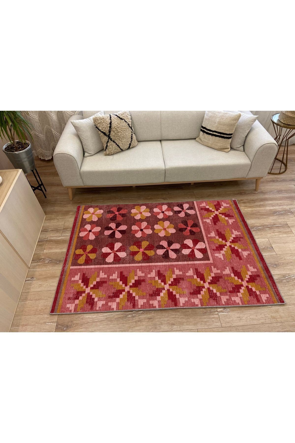 Mars 108 Pastel Gül Kurusu Pembe Çiçekli Floral Dokuma Taban Salon Mutfak Halısı