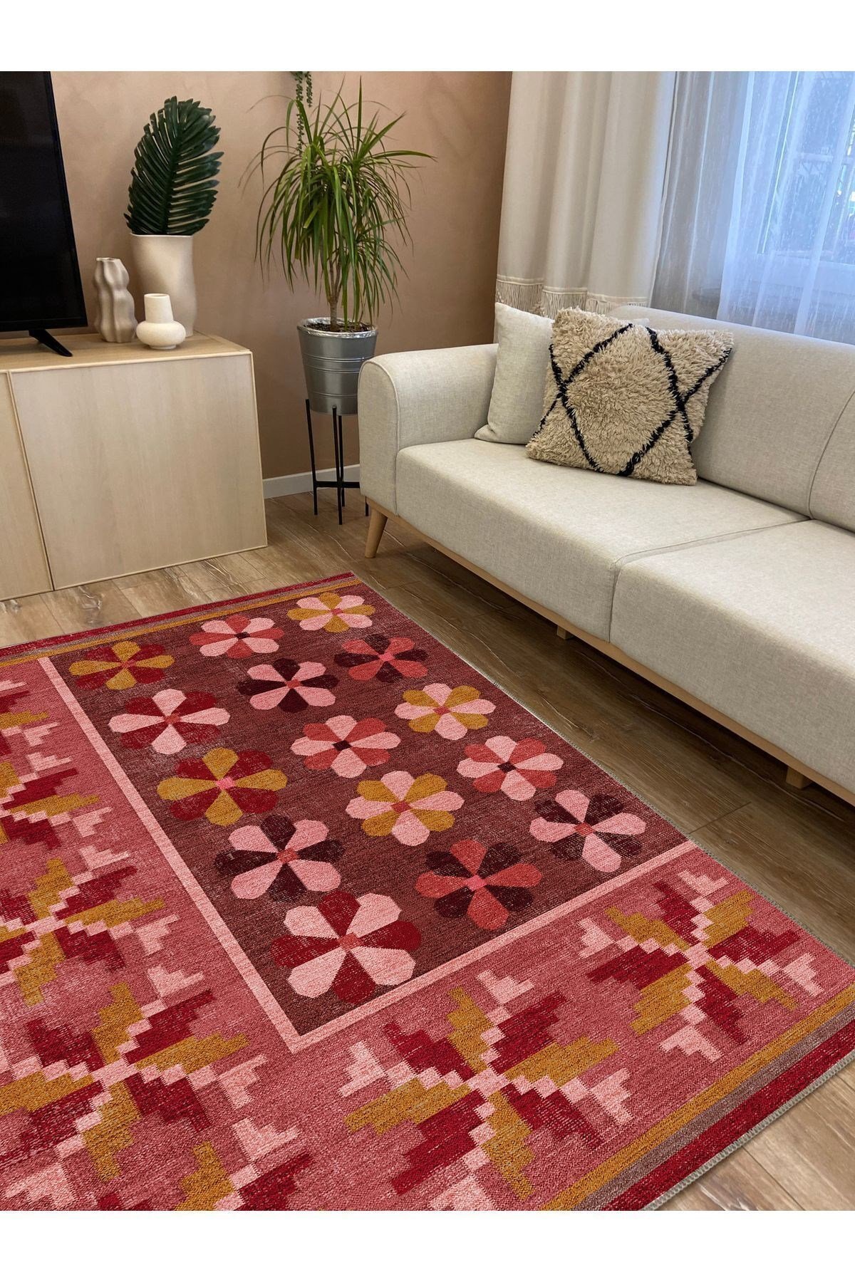 Mars 108 Pastel Gül Kurusu Pembe Çiçekli Floral Dokuma Taban Salon Mutfak Halısı