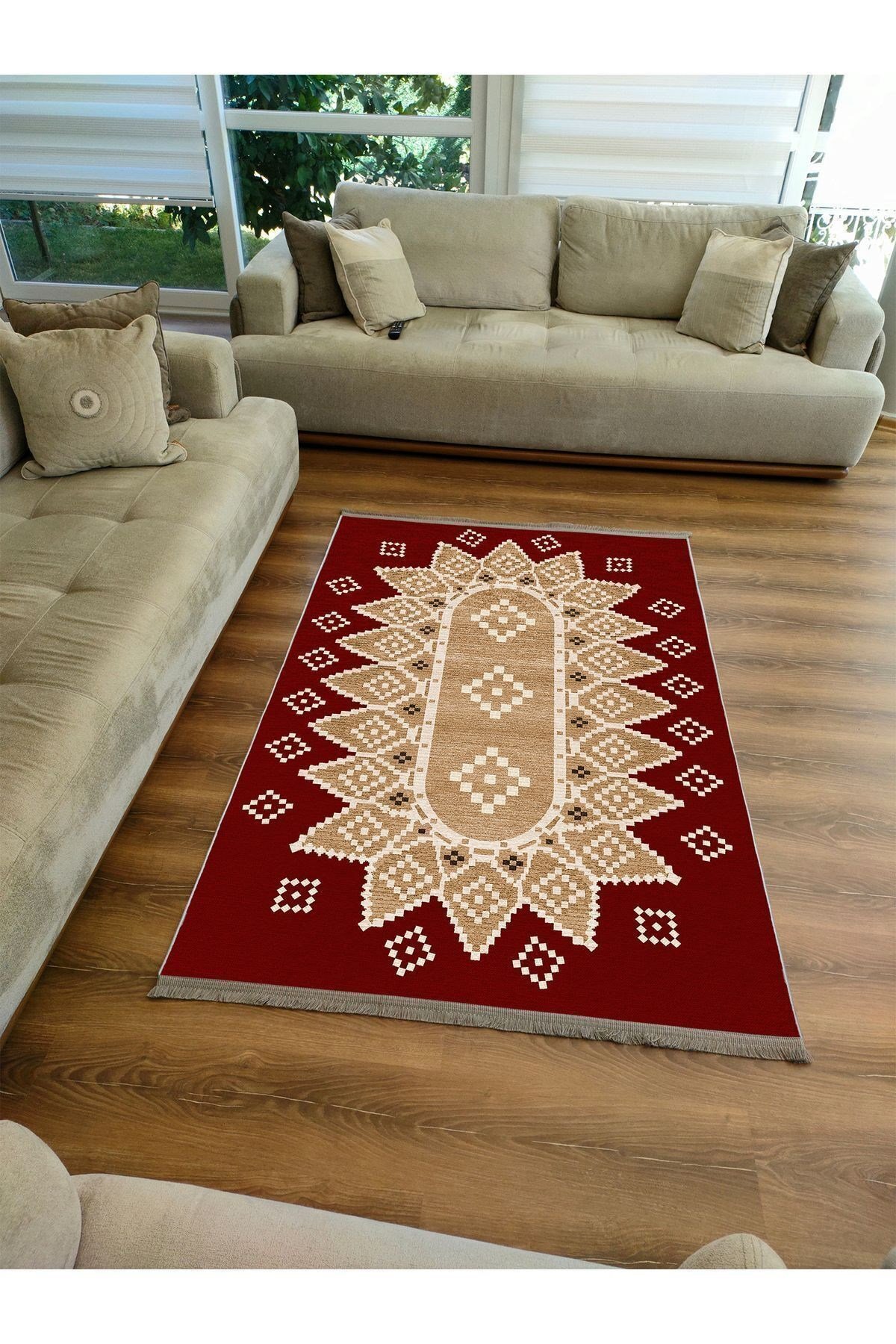 Mars107 Kırmızı Tonlarında Klasık Dekoratif Kilim Salon Halısı Saçaklı Yıkanabilen Halı