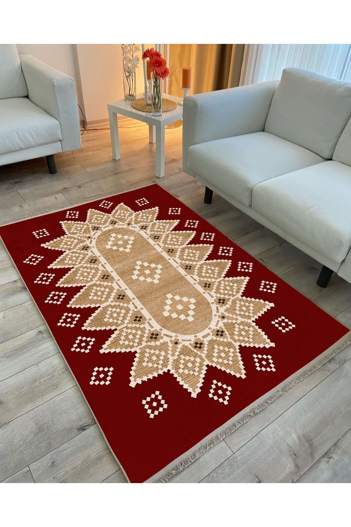 Mars107 Kırmızı Tonlarında Klasık Dekoratif Kilim Salon Halısı Saçaklı Yıkanabilen Halı