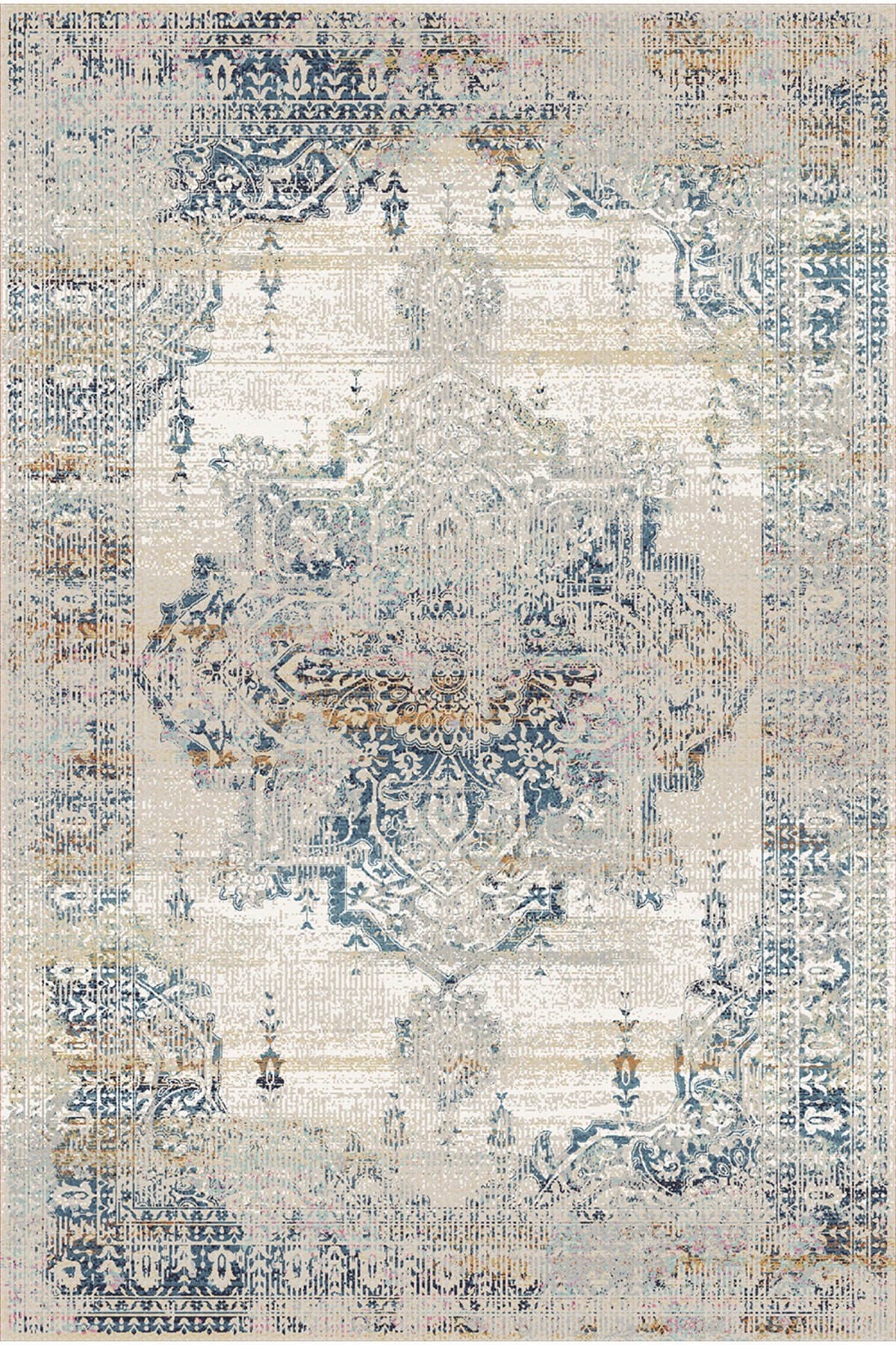 Mavi Bej Vintage Eskitme Desenli Klasik Salon Halısı – Modern Madalyonlu Dekoratif Halı 2127