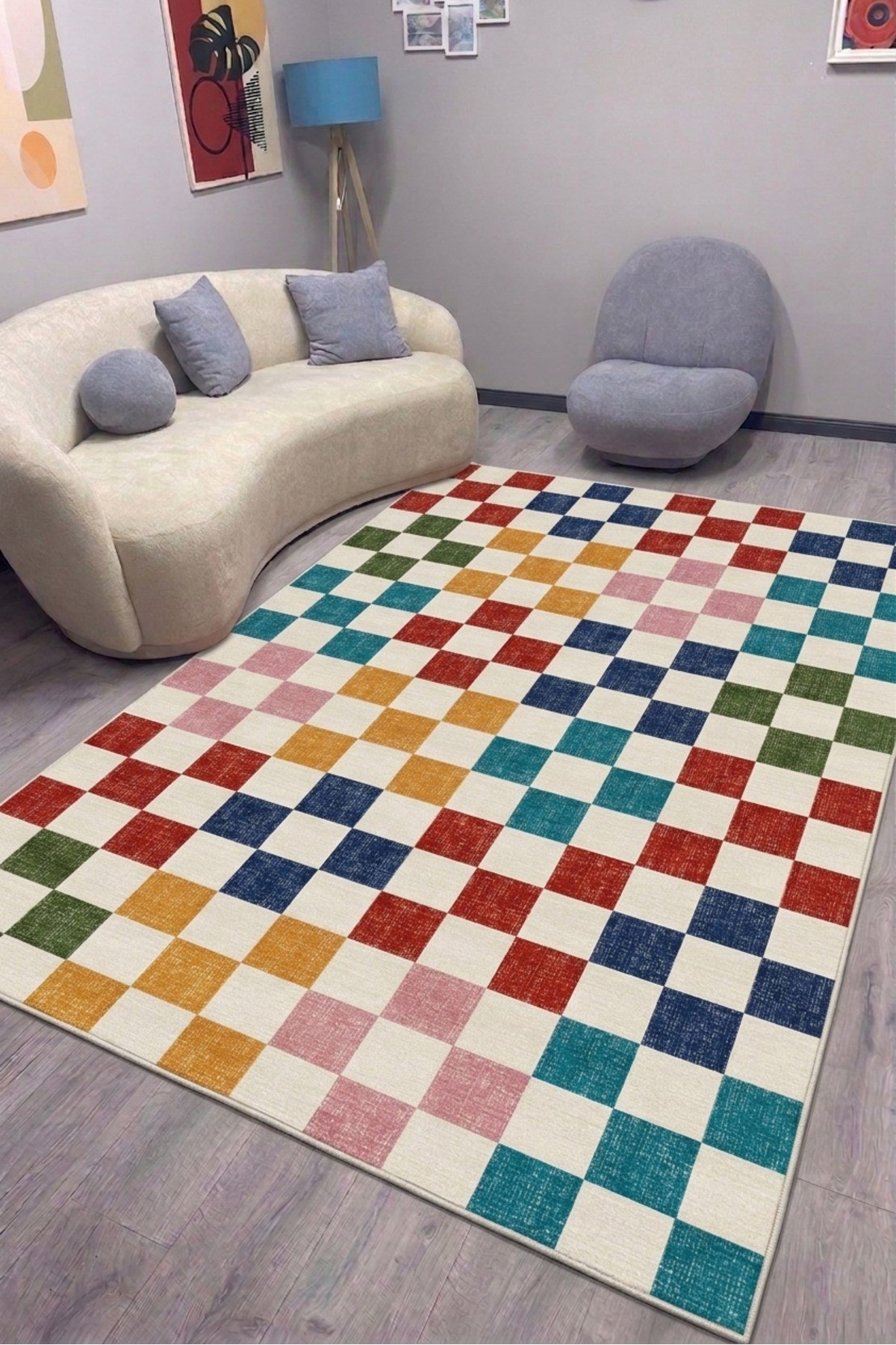 Modern Dekorasyon İçin Renkli Damalı Salon ve Çocuk Odası Pamuk Taban Halısı Mars530