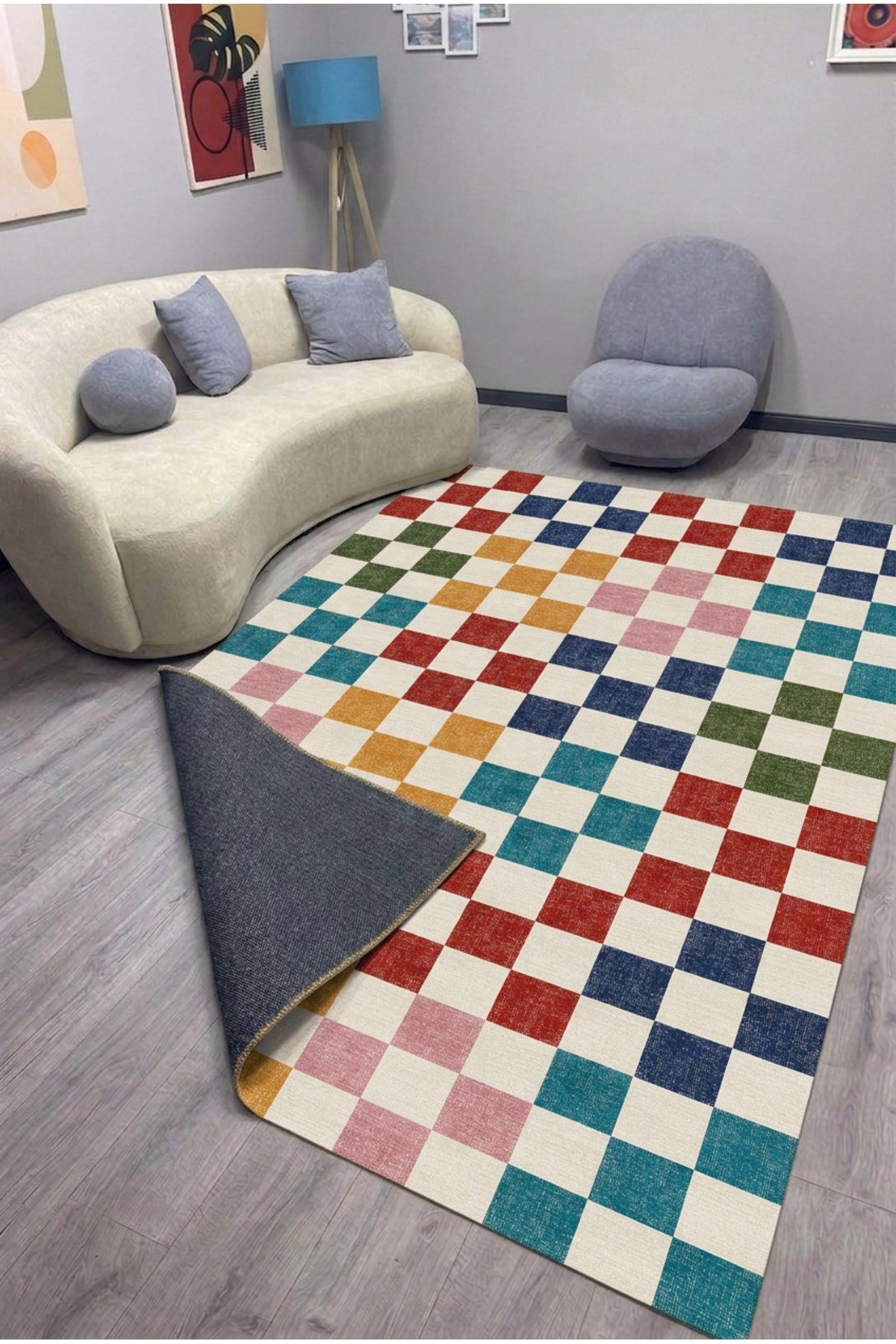 Modern Dekorasyon İçin Renkli Damalı Salon ve Çocuk Odası Pamuk Taban Halısı Mars530