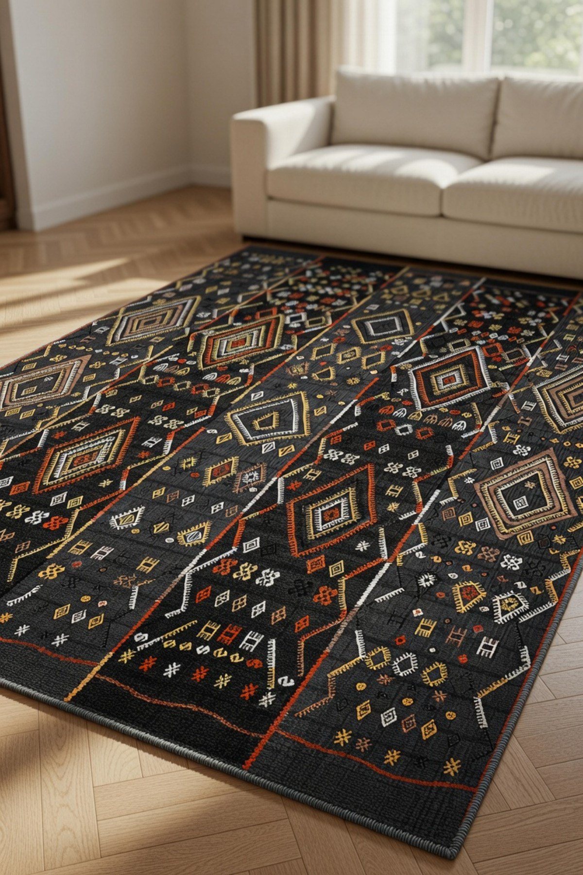 Modern Etnik Desenli Siyah Salon Halısı -Kaymaz Tabanlı,Yıkanabilir Şık Kilim Halı 2106