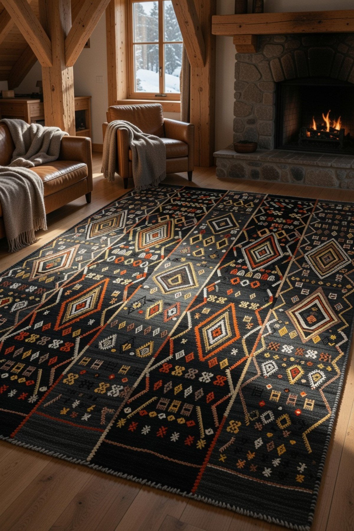 Modern Etnik Desenli Siyah Salon Halısı -Kaymaz Tabanlı,Yıkanabilir Şık Kilim Halı 2106