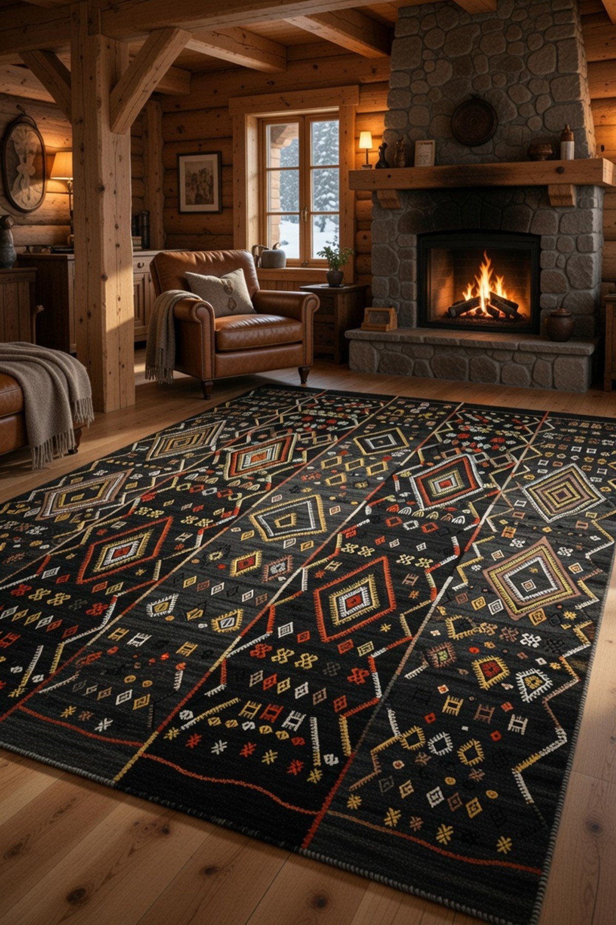 Modern Etnik Desenli Siyah Salon Halısı -Kaymaz Tabanlı,Yıkanabilir Şık Kilim Halı 2106
