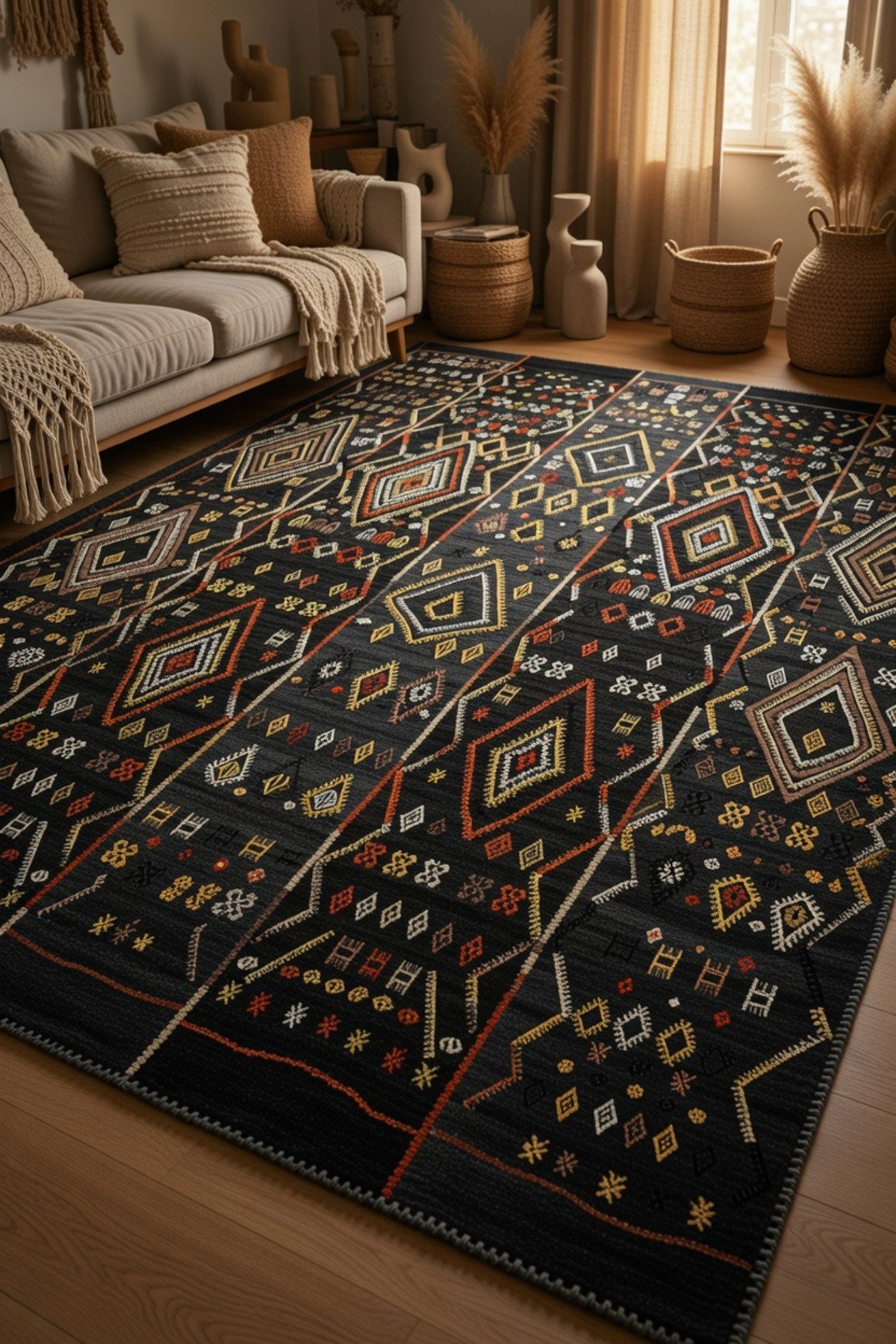 Modern Etnik Desenli Siyah Salon Halısı -Kaymaz Tabanlı,Yıkanabilir Şık Kilim Halı 2106