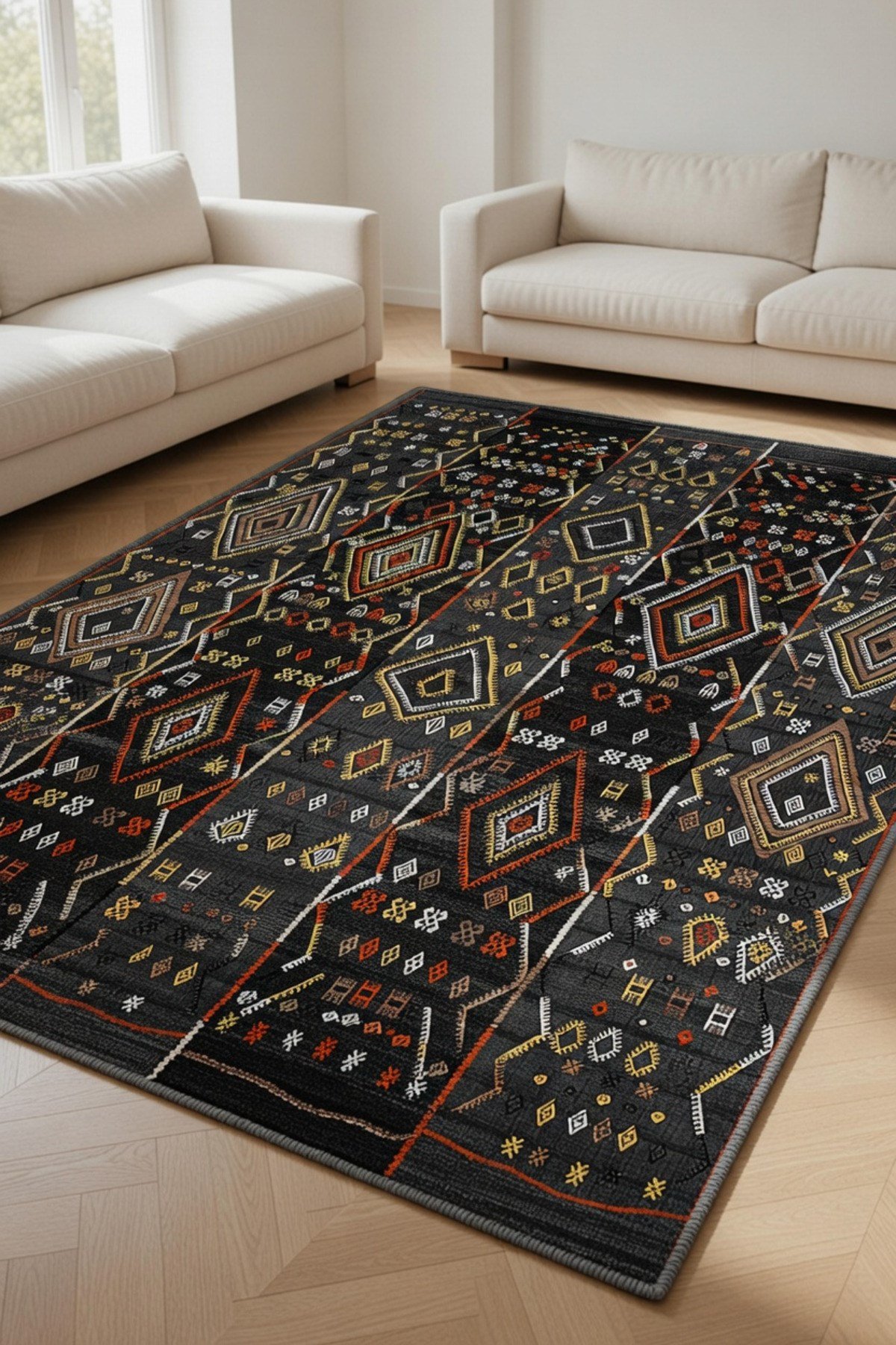 Modern Etnik Desenli Siyah Salon Halısı -Kaymaz Tabanlı,Yıkanabilir Şık Kilim Halı 2106