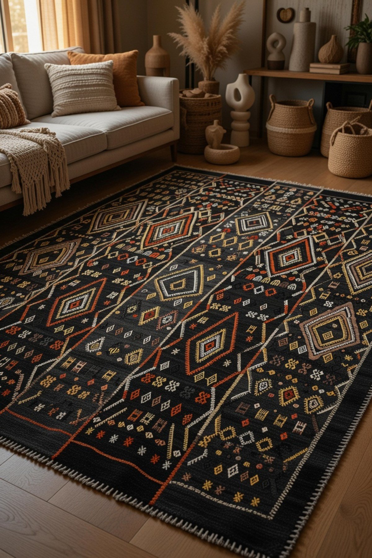 Modern Etnik Desenli Siyah Salon Halısı -Kaymaz Tabanlı,Yıkanabilir Şık Kilim Halı 2106