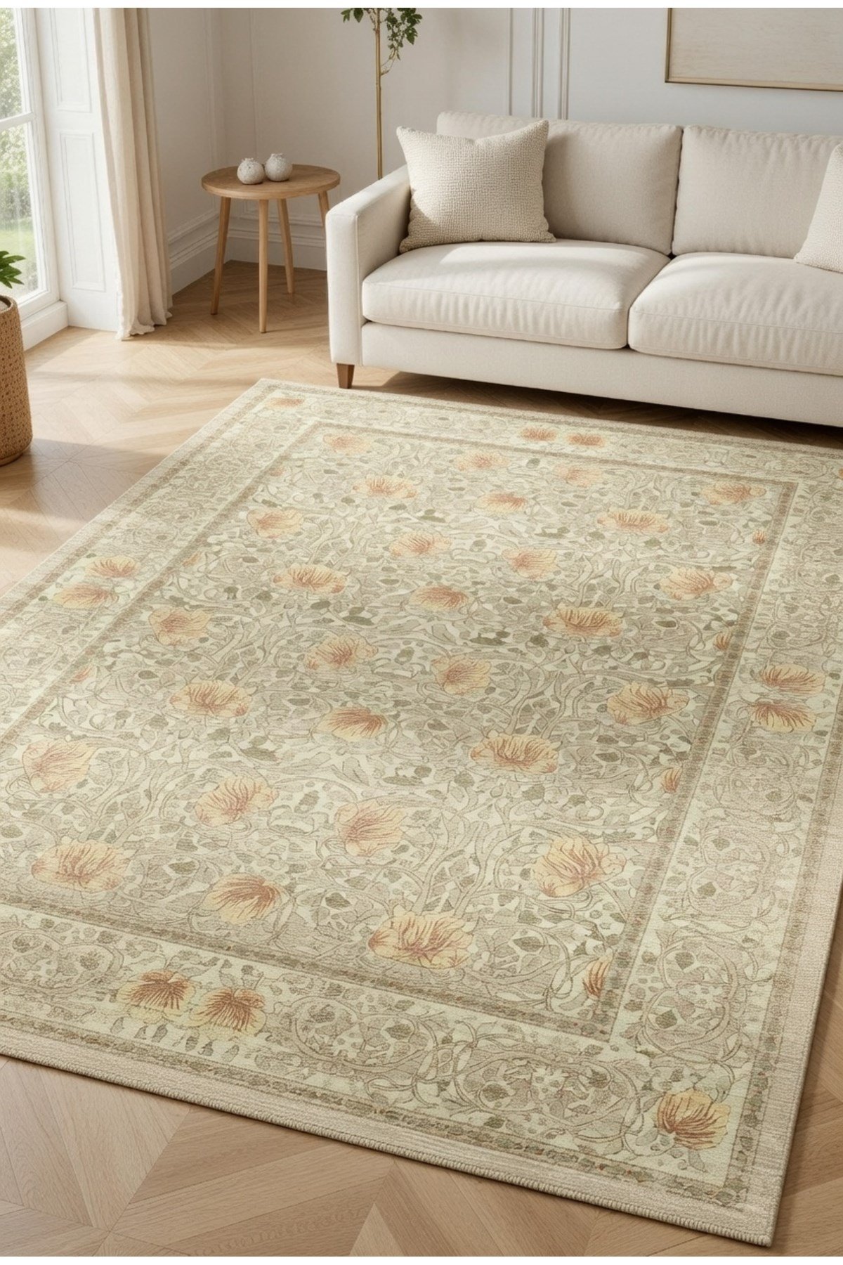 Modern Pastel Tonlar Soft Bej Vintage Halı Lale Motifli Klasik Salon Halısı 2282