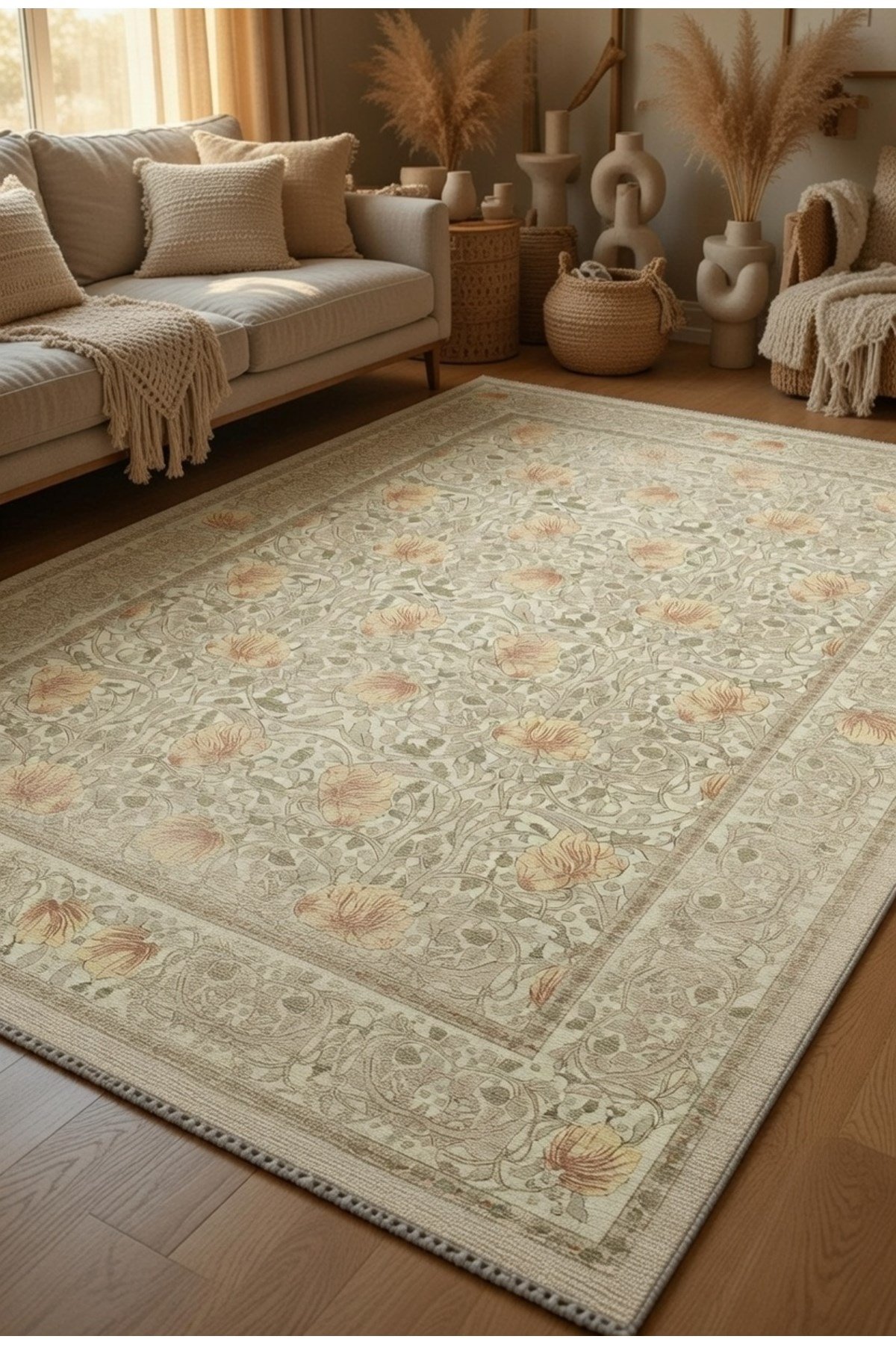 Modern Pastel Tonlar Soft Bej Vintage Halı Lale Motifli Klasik Salon Halısı 2282