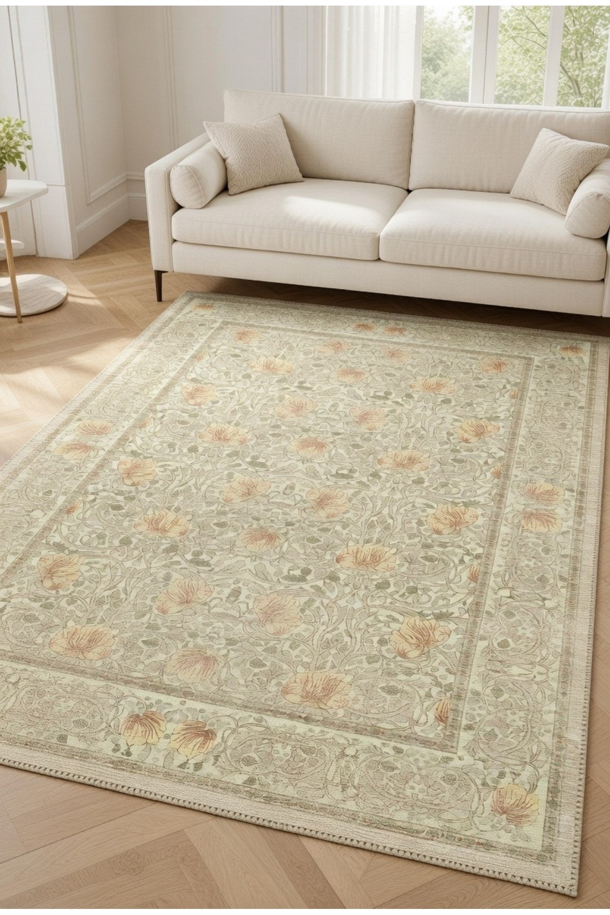 Modern Pastel Tonlar Soft Bej Vintage Halı Lale Motifli Klasik Salon Halısı 2282