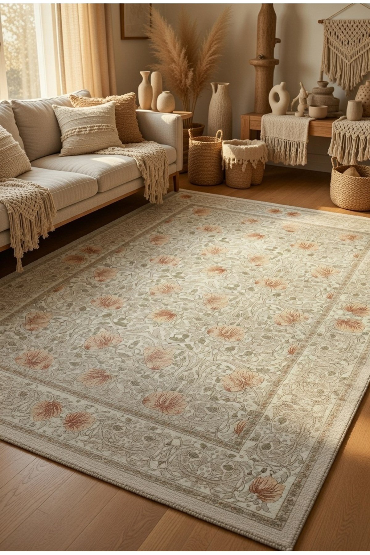 Modern Pastel Tonlar Soft Bej Vintage Halı Lale Motifli Klasik Salon Halısı 2282
